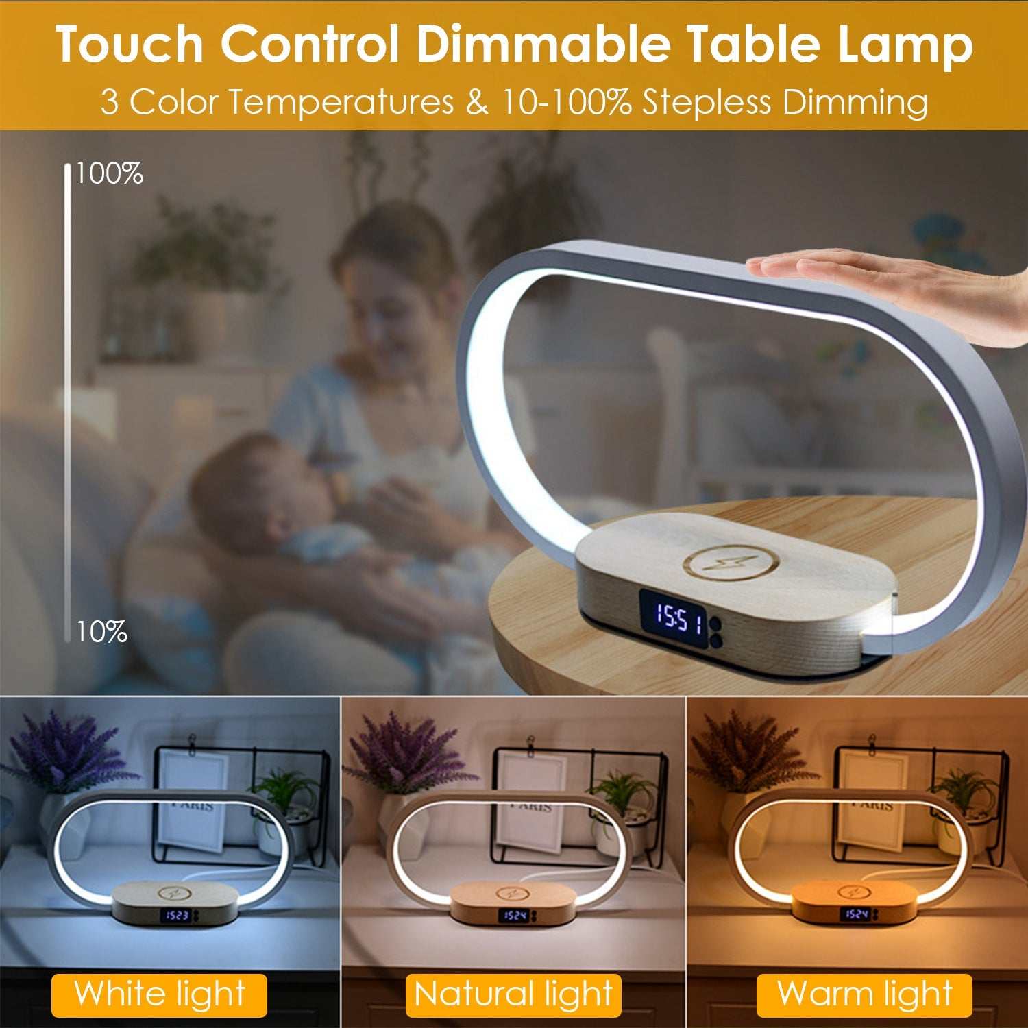 1 Set Bedside Table Lamp Touch Control Lamp With Clock Wireless Charging LED Desk Lamp Dimmable Nightstand Reading Lamp - Gadgets & Gifts