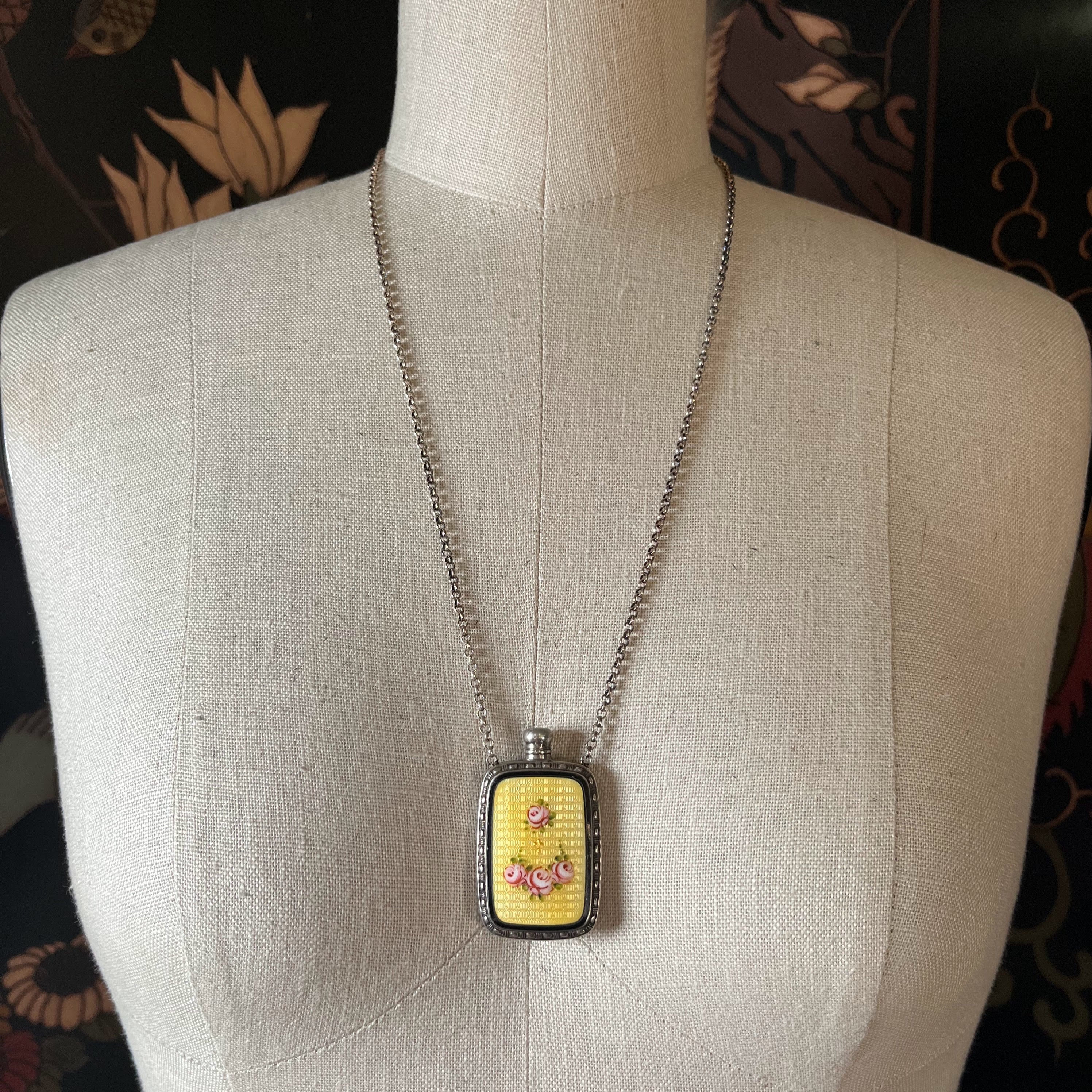 Art Deco Silver Guilloche Enamel Yellow Perfume Bottle Necklace