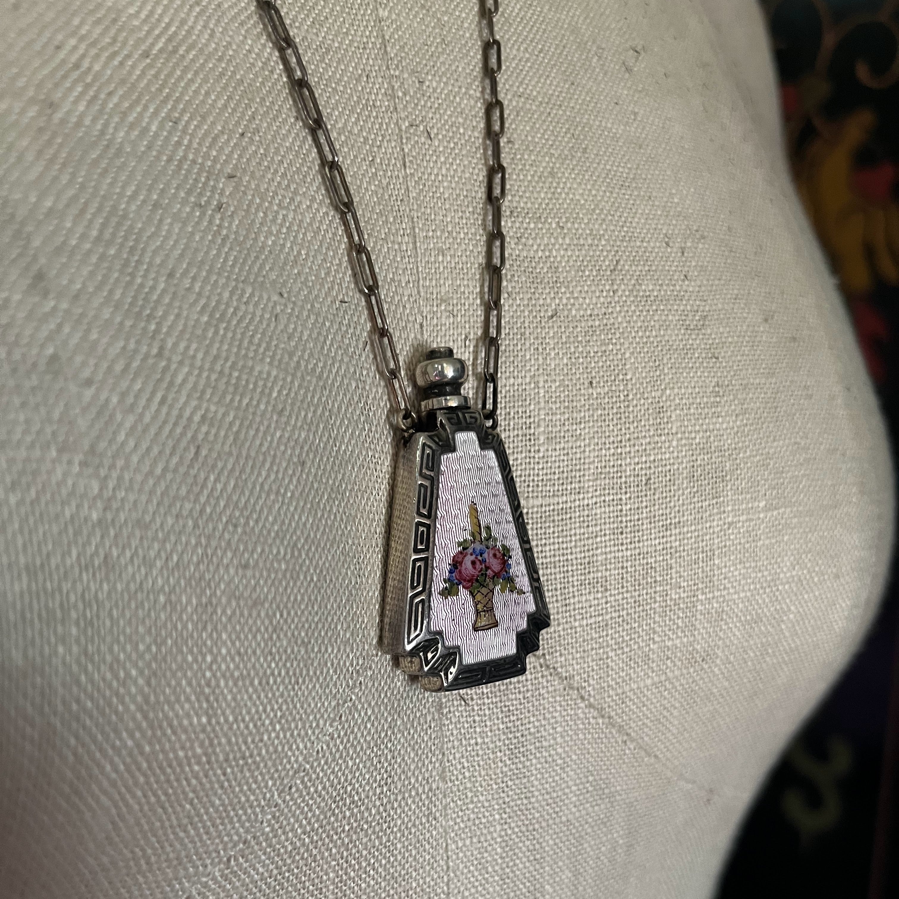 Art Deco Silver Guilloche Enamel Purple Perfume Bottle Necklace