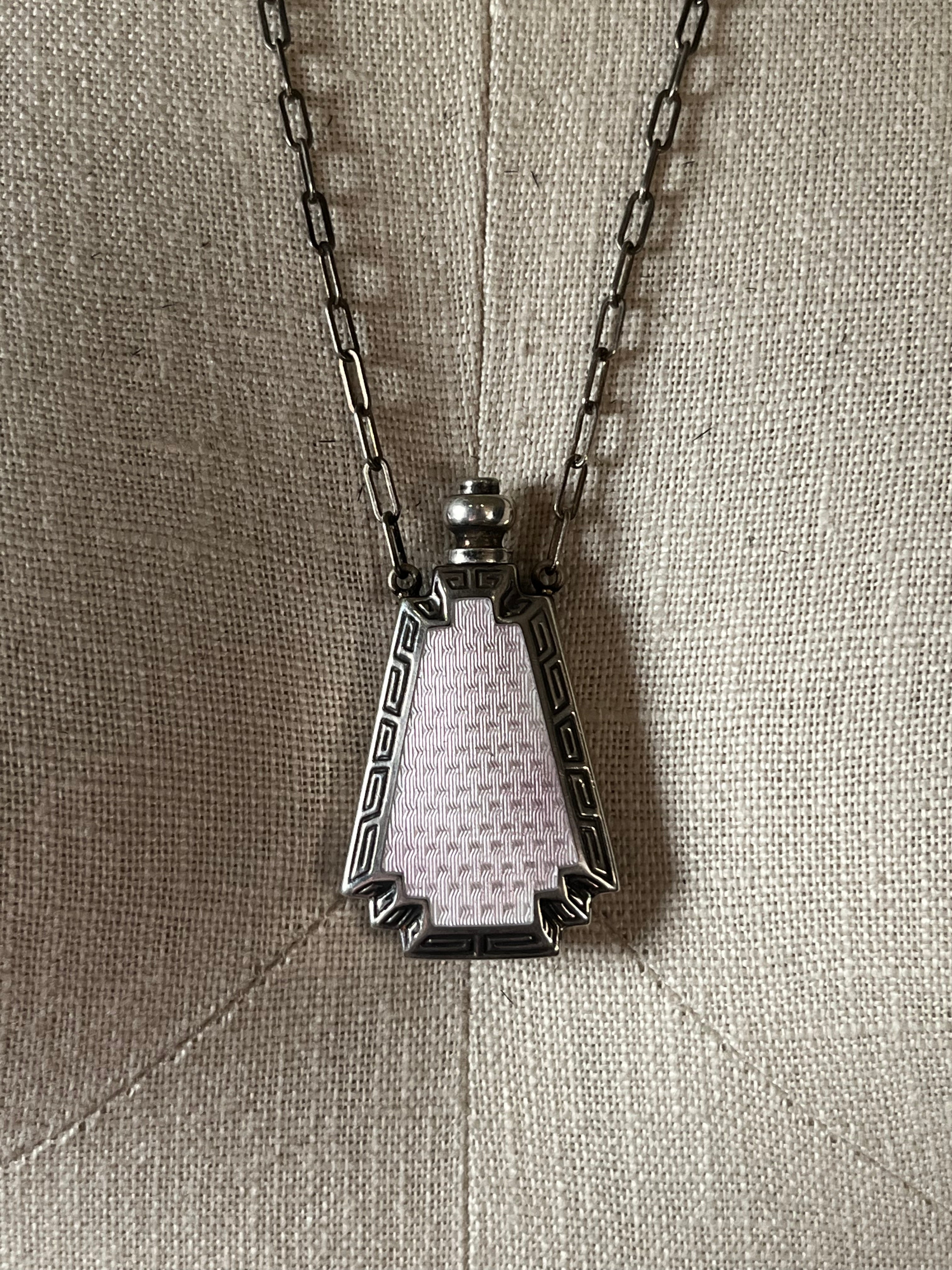 Art Deco Silver Guilloche Enamel Purple Perfume Bottle Necklace
