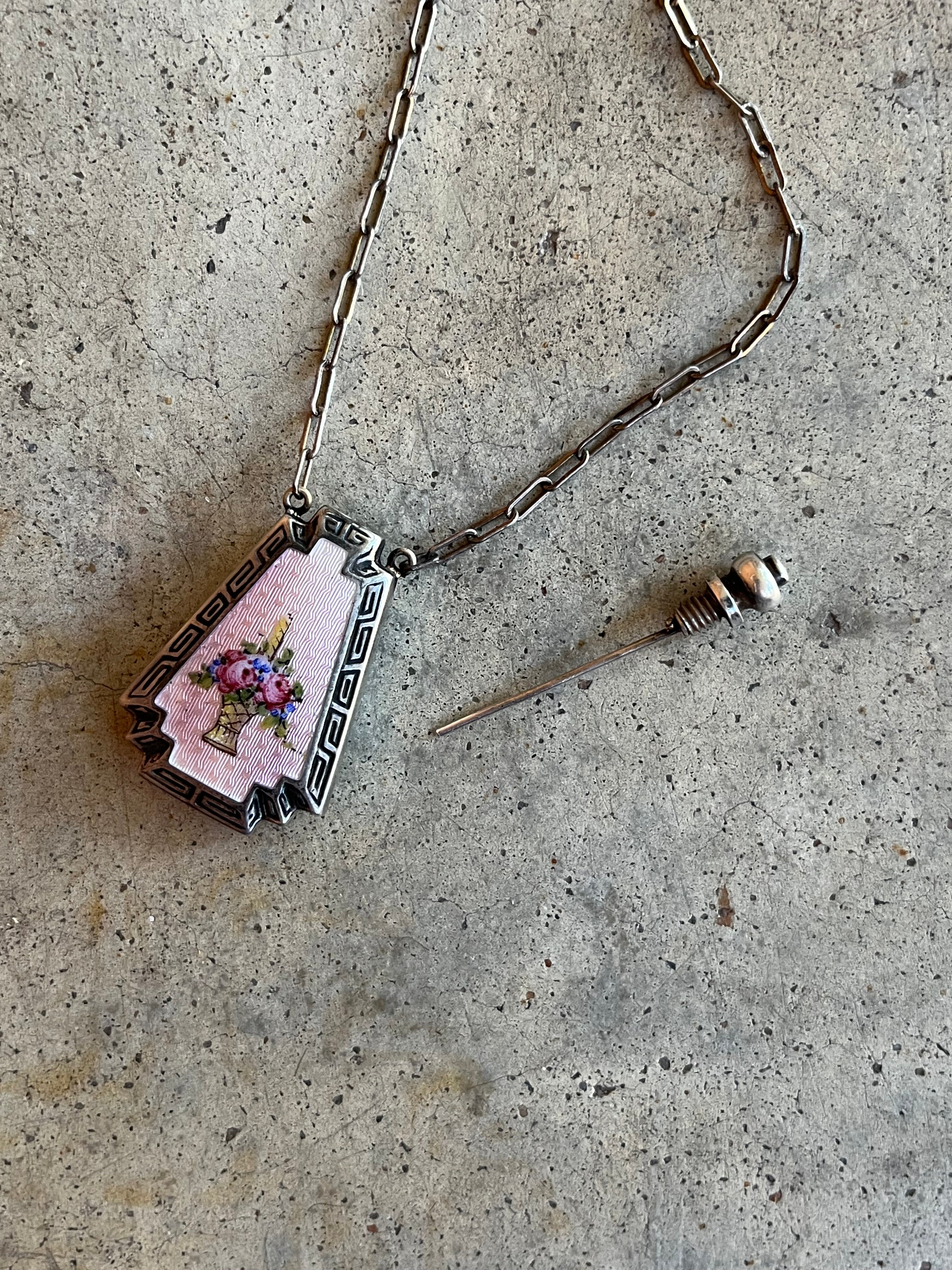 Art Deco Silver Guilloche Enamel Purple Perfume Bottle Necklace