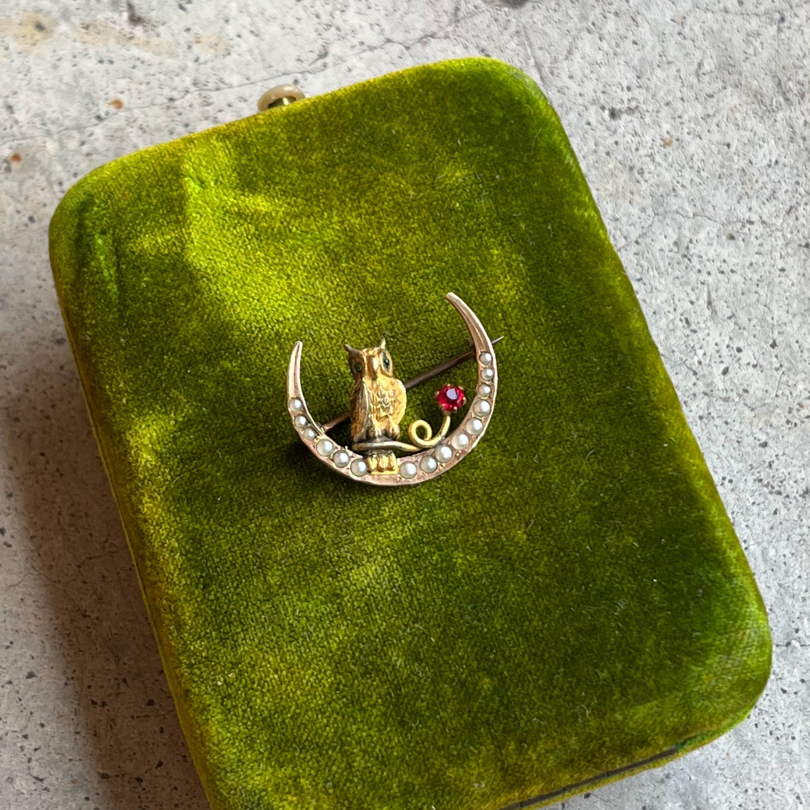 c. 1890s Crescent Moon Owl Brooch