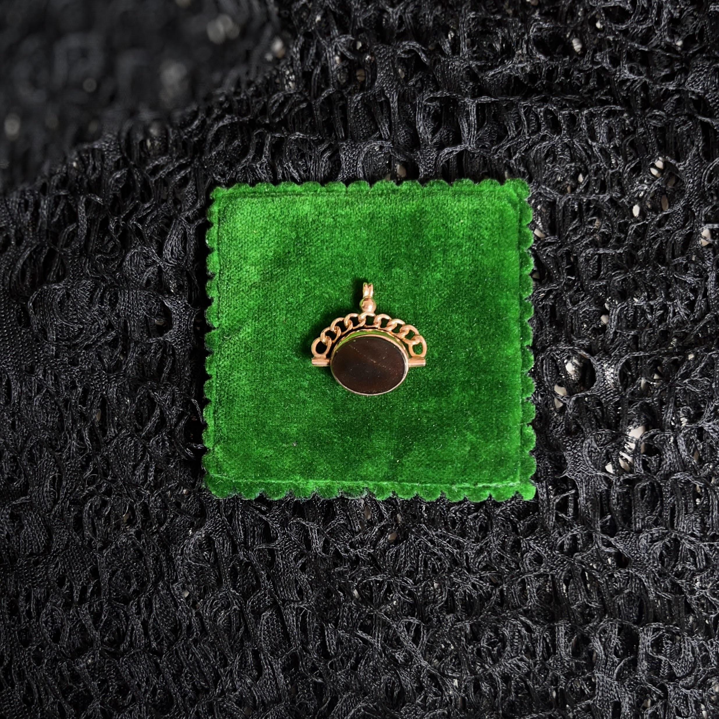 c. 1900s 9k Gold Bloodstone Swivel Fob Pendant | Antique Edwardian Jewelry