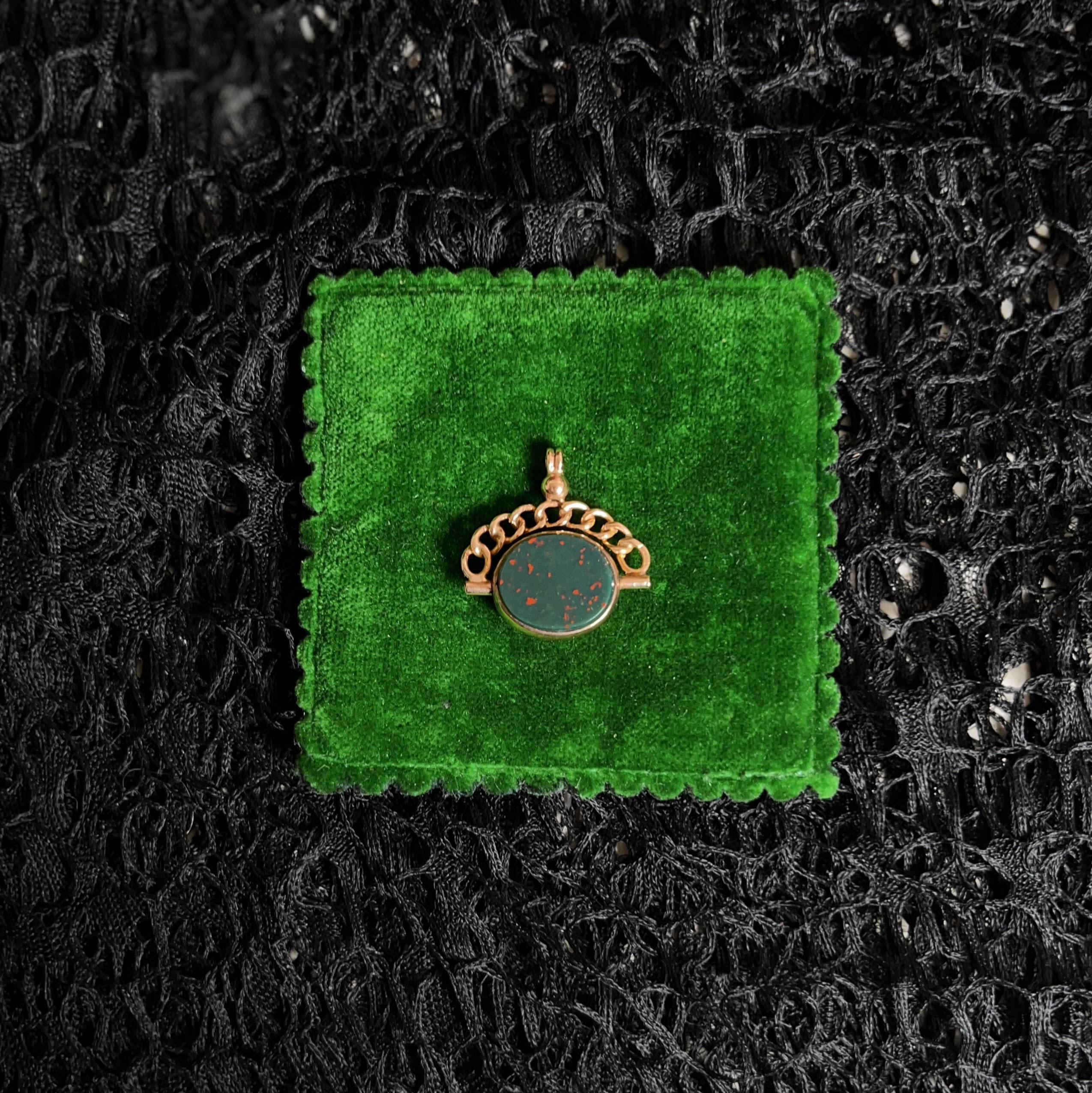 c. 1900s 9k Gold Bloodstone Swivel Fob Pendant | Antique Edwardian Jewelry
