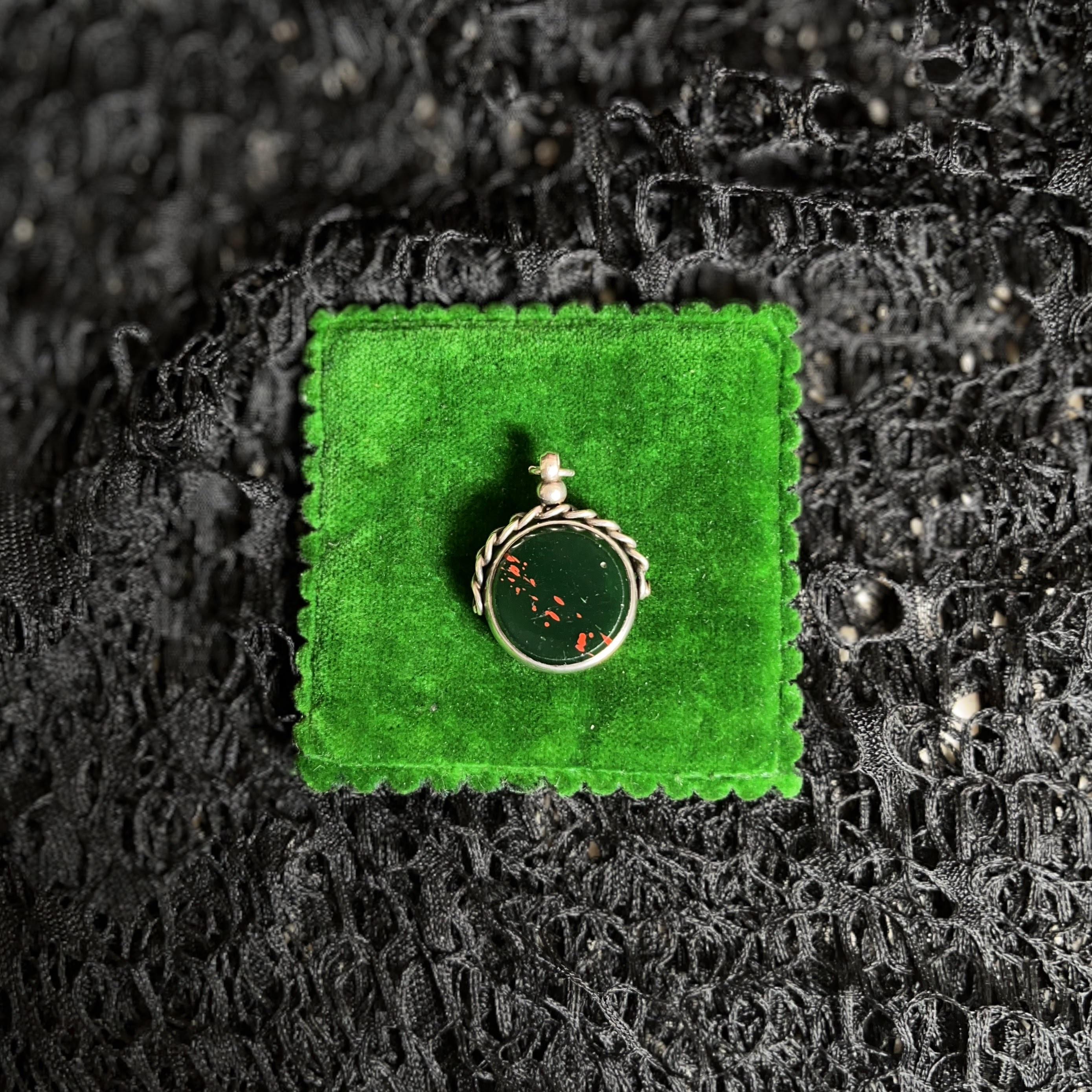 1920s Sterling Silver Bloodstone Fob Pendant | Antique Jewelry