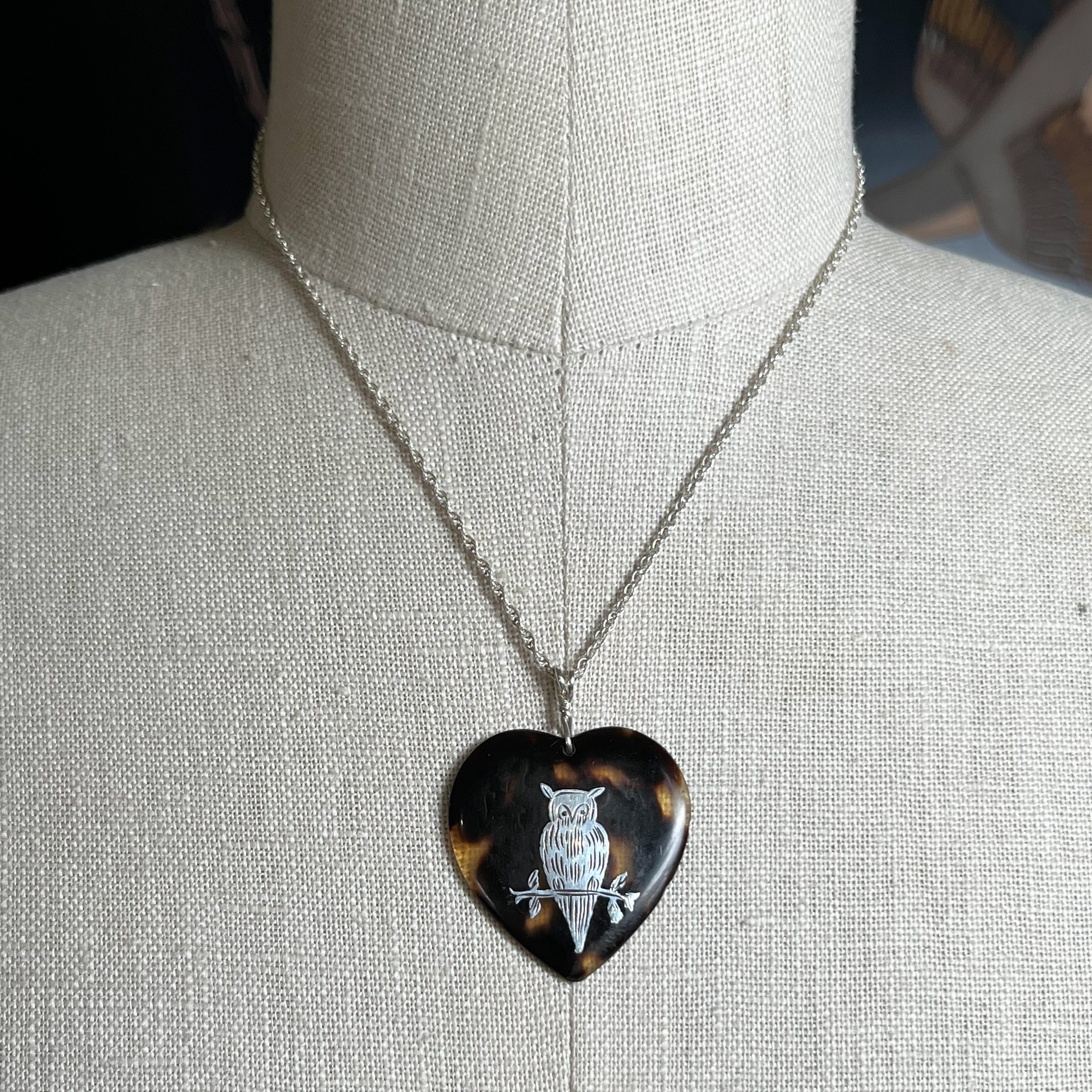 19th c. Tortoise Shell Heart Owl Necklace