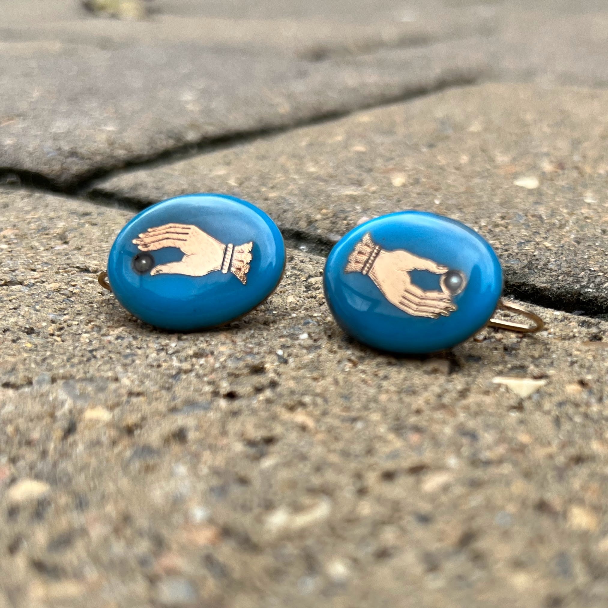 19th c. Blue Enamel 14k Gold Hand Earrings