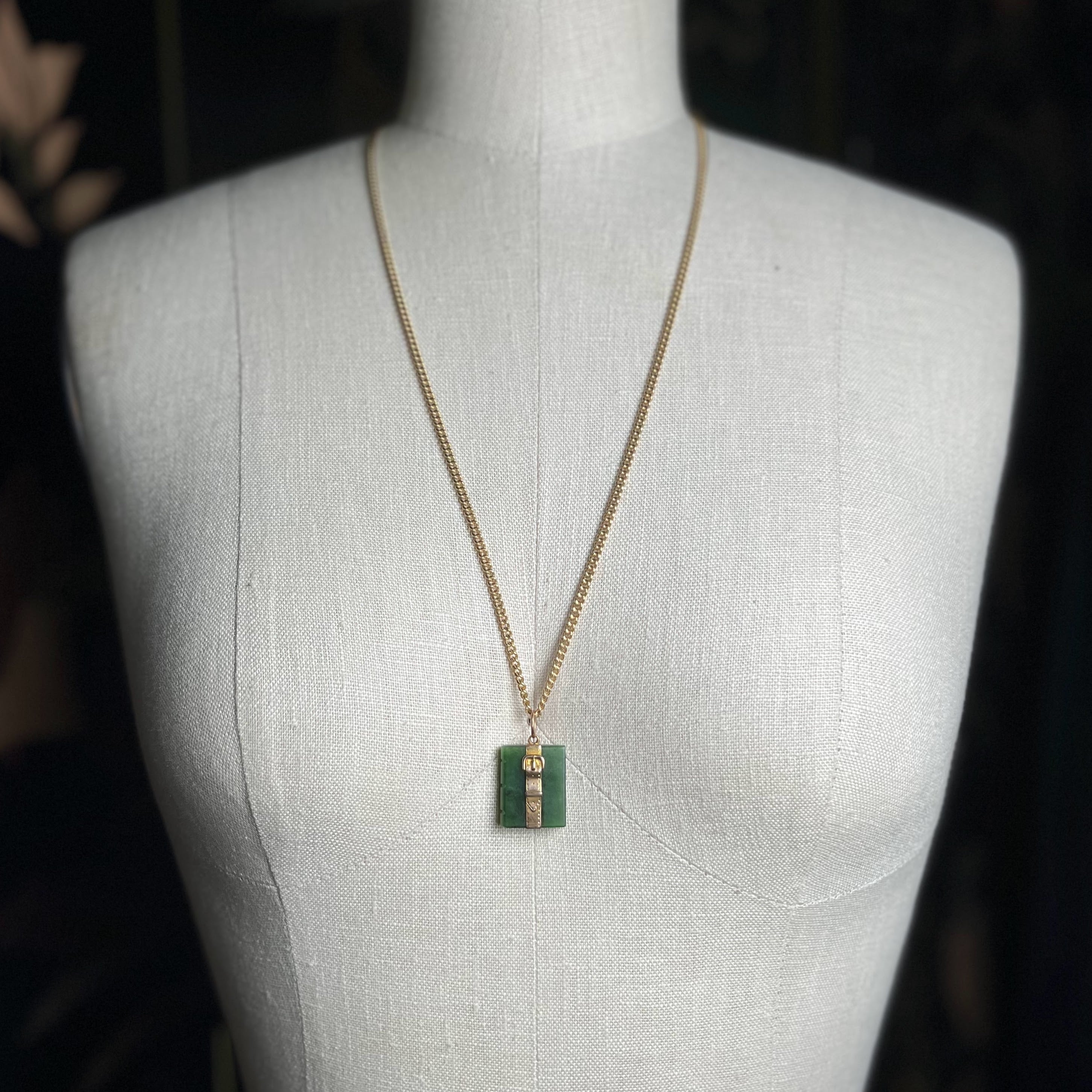 Mid-Late 19th c. Jade Book + 14k Buckle Pendant