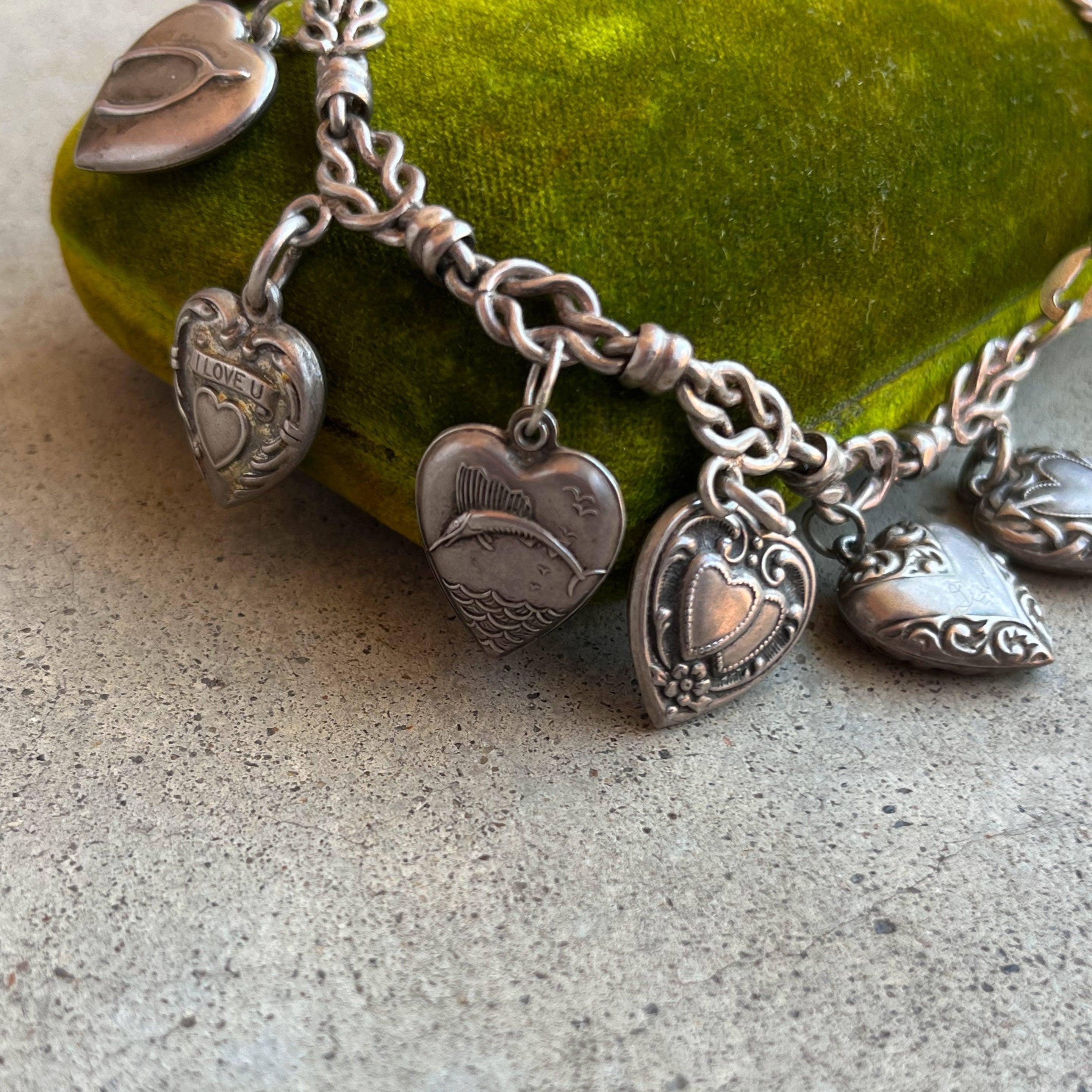 Vintage Sterling Silver Puffy Heart Charm Bracelet