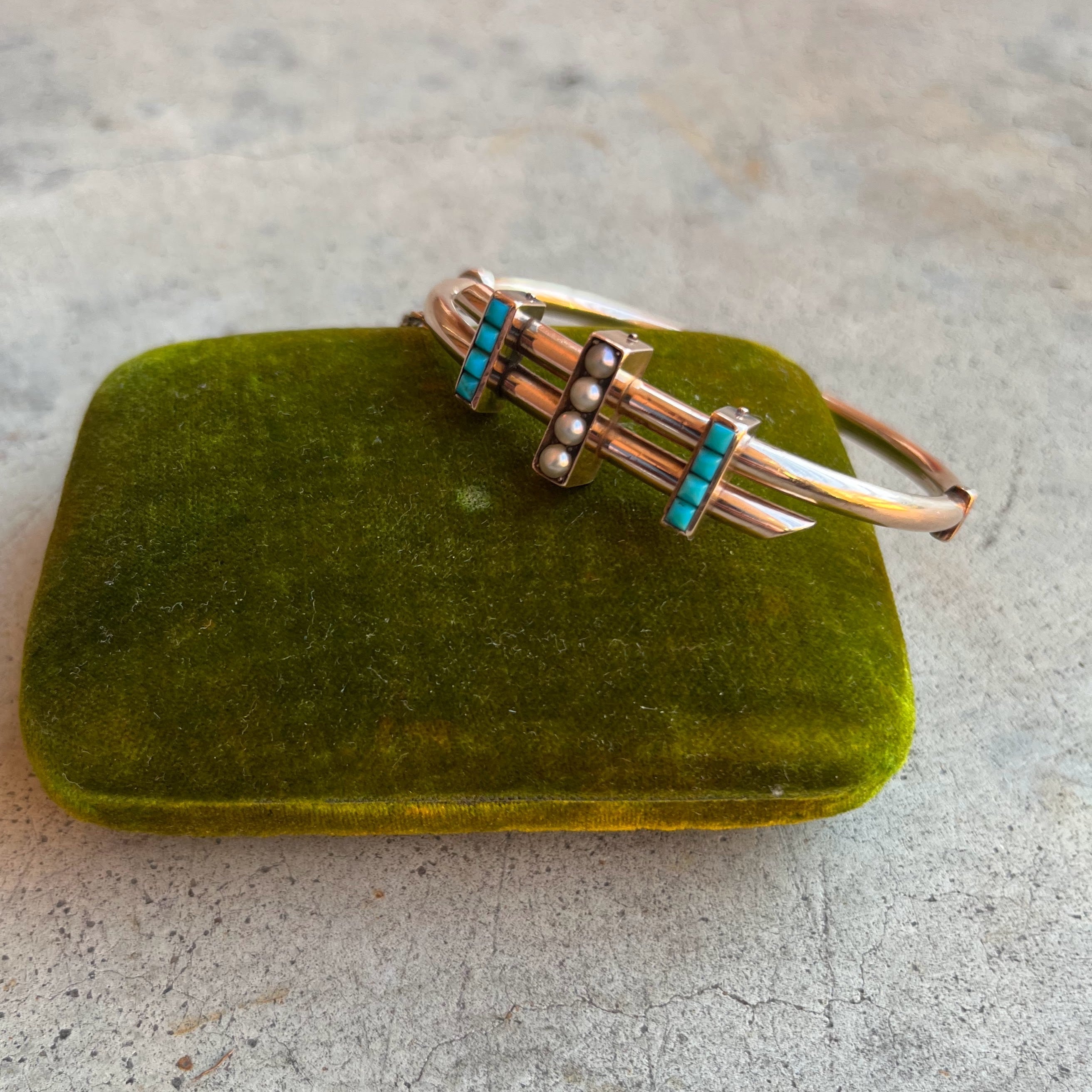 c. 1880s 14k Gold Turquoise Pearl Hinged Bangle Bracelet