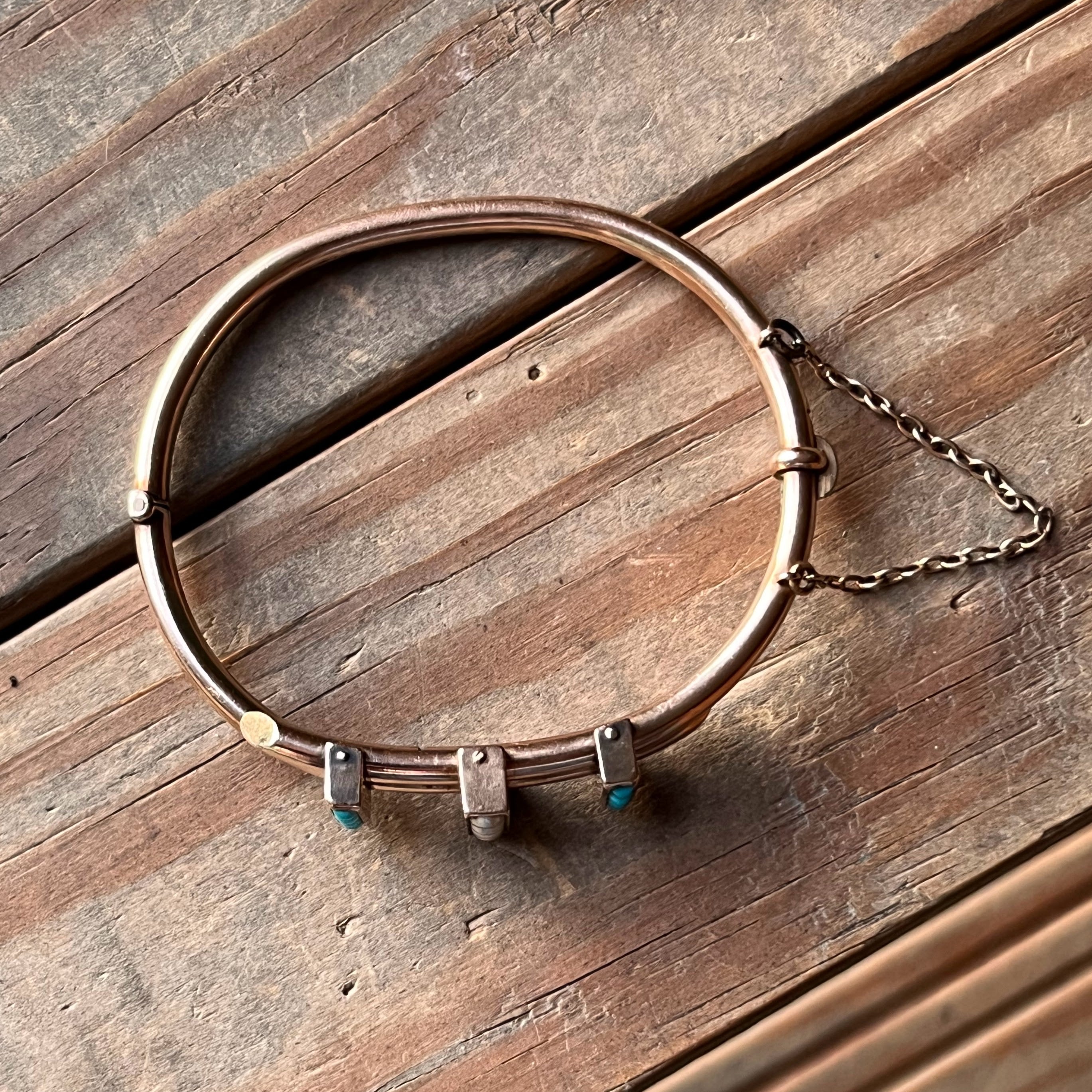 c. 1880s 14k Gold Turquoise Pearl Hinged Bangle Bracelet
