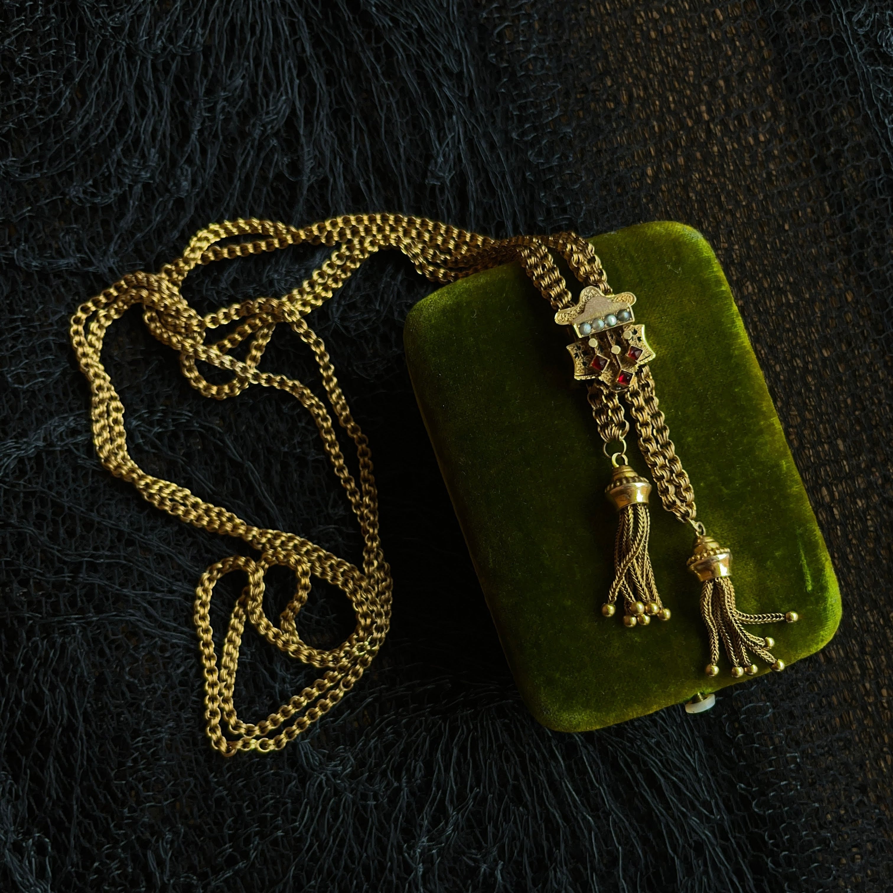 c. 1880s 14k Gold Tassel Slide Chain Necklace