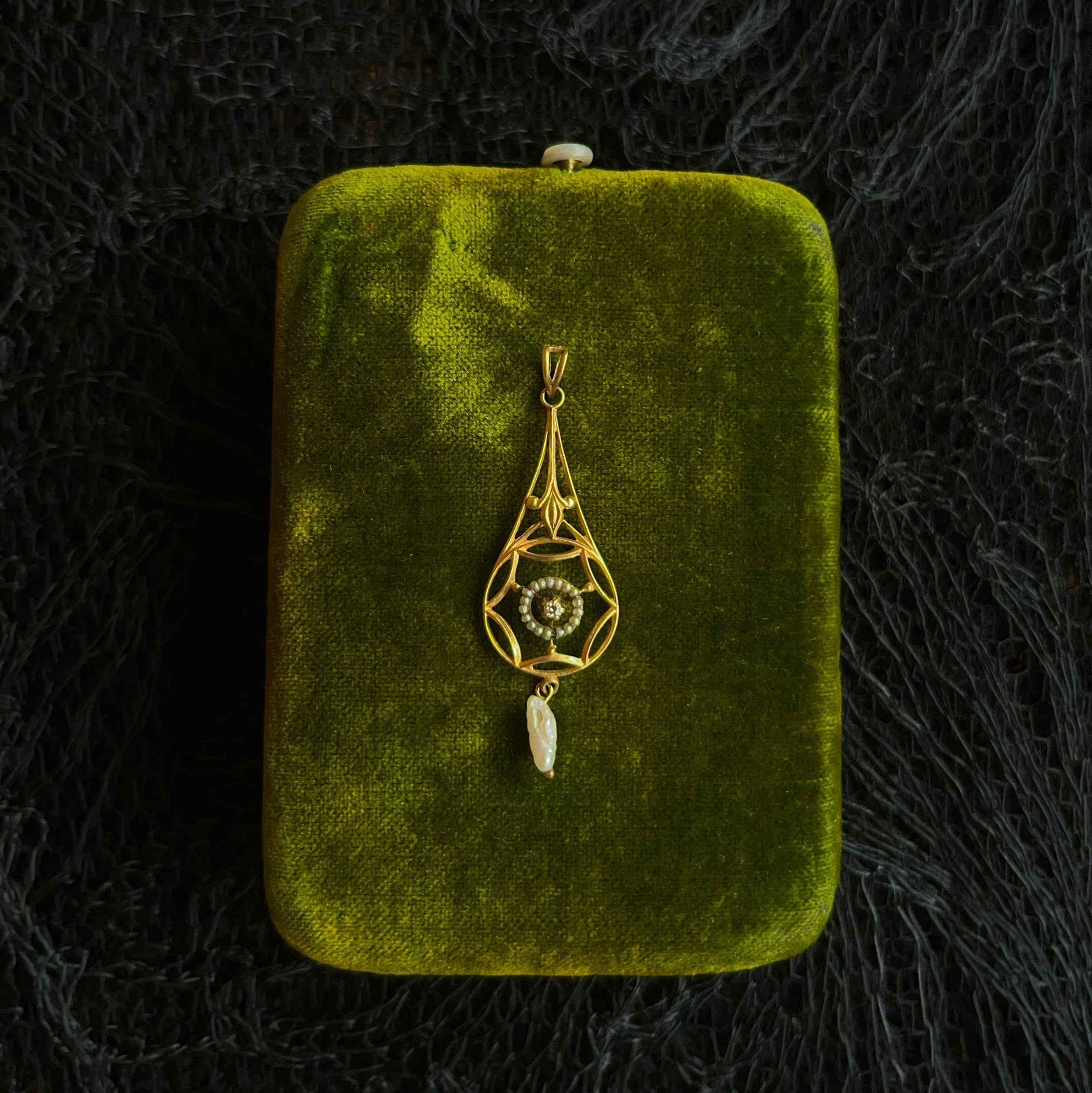 c. 1910s 10k Gold Diamond Pearl Lavalier Pendant