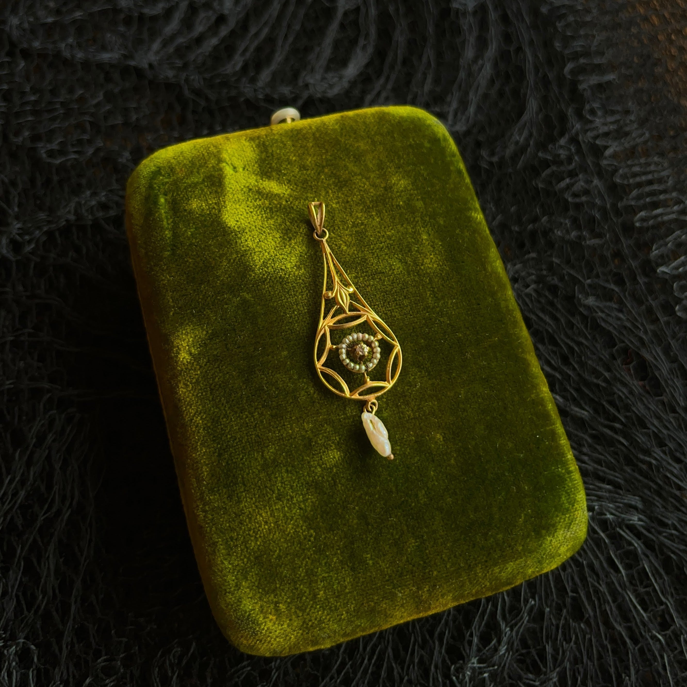 c. 1910s 10k Gold Diamond Pearl Lavalier Pendant