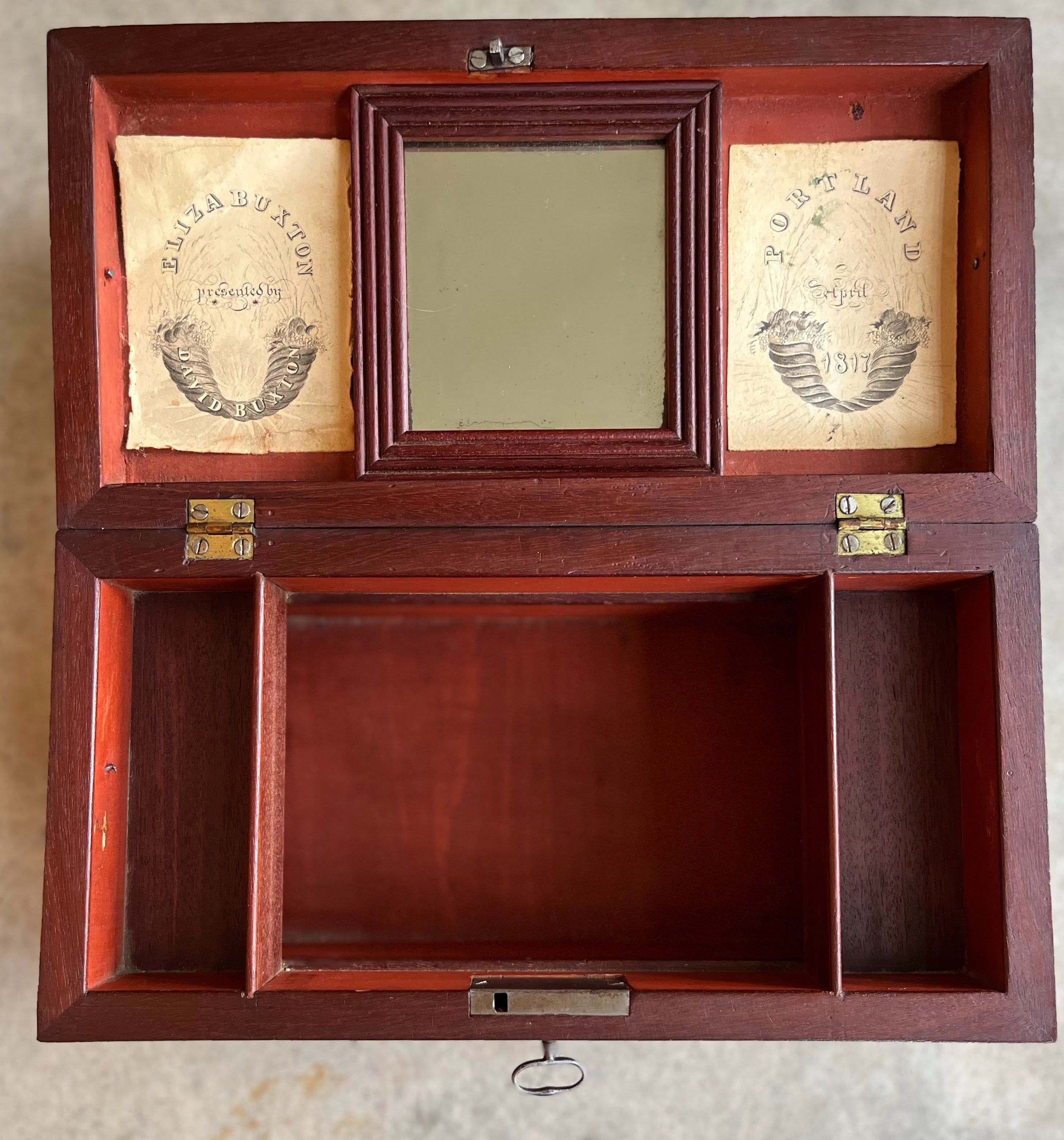 1810s Wooden Jewelry Box with Mirror + Key