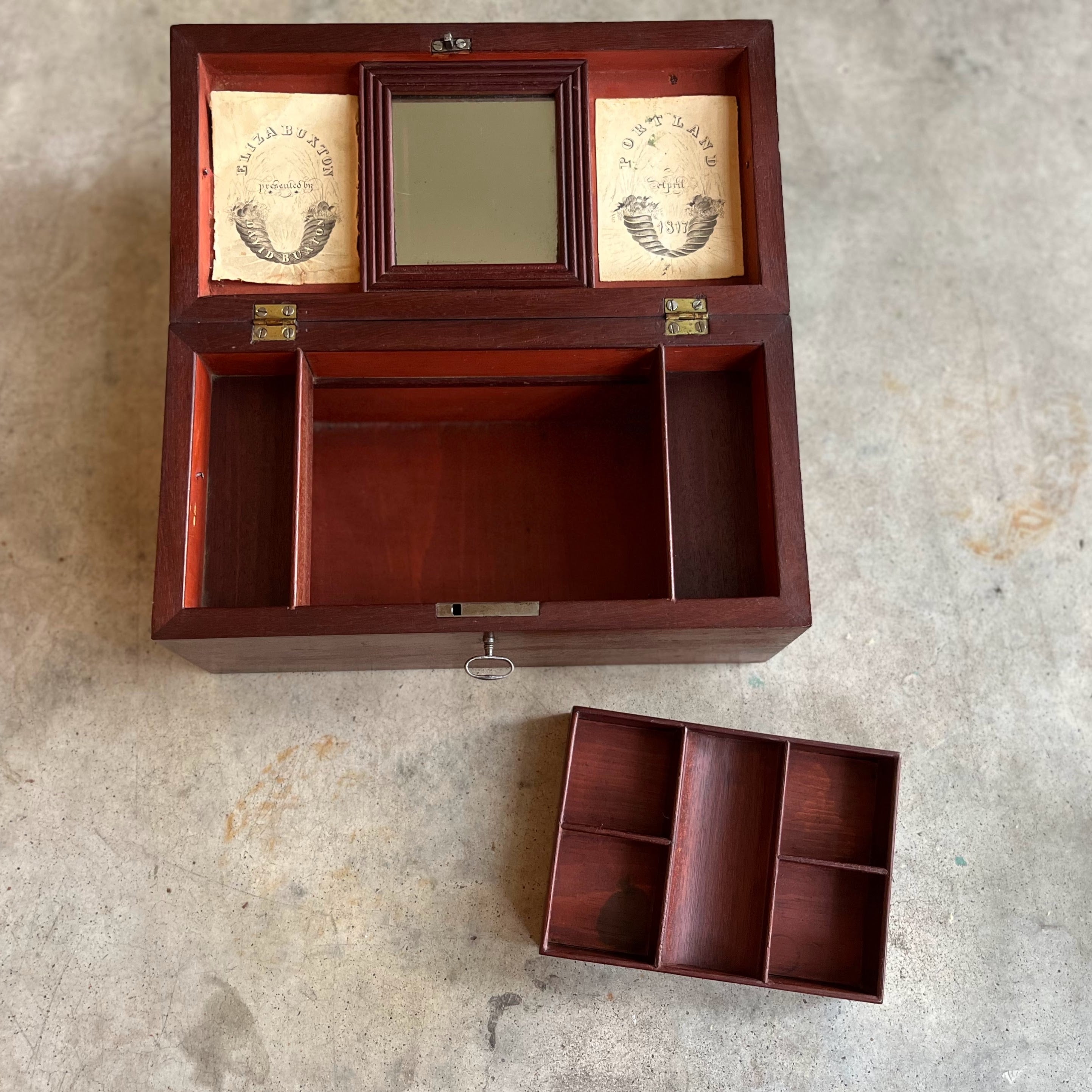 1810s Wooden Jewelry Box with Mirror + Key