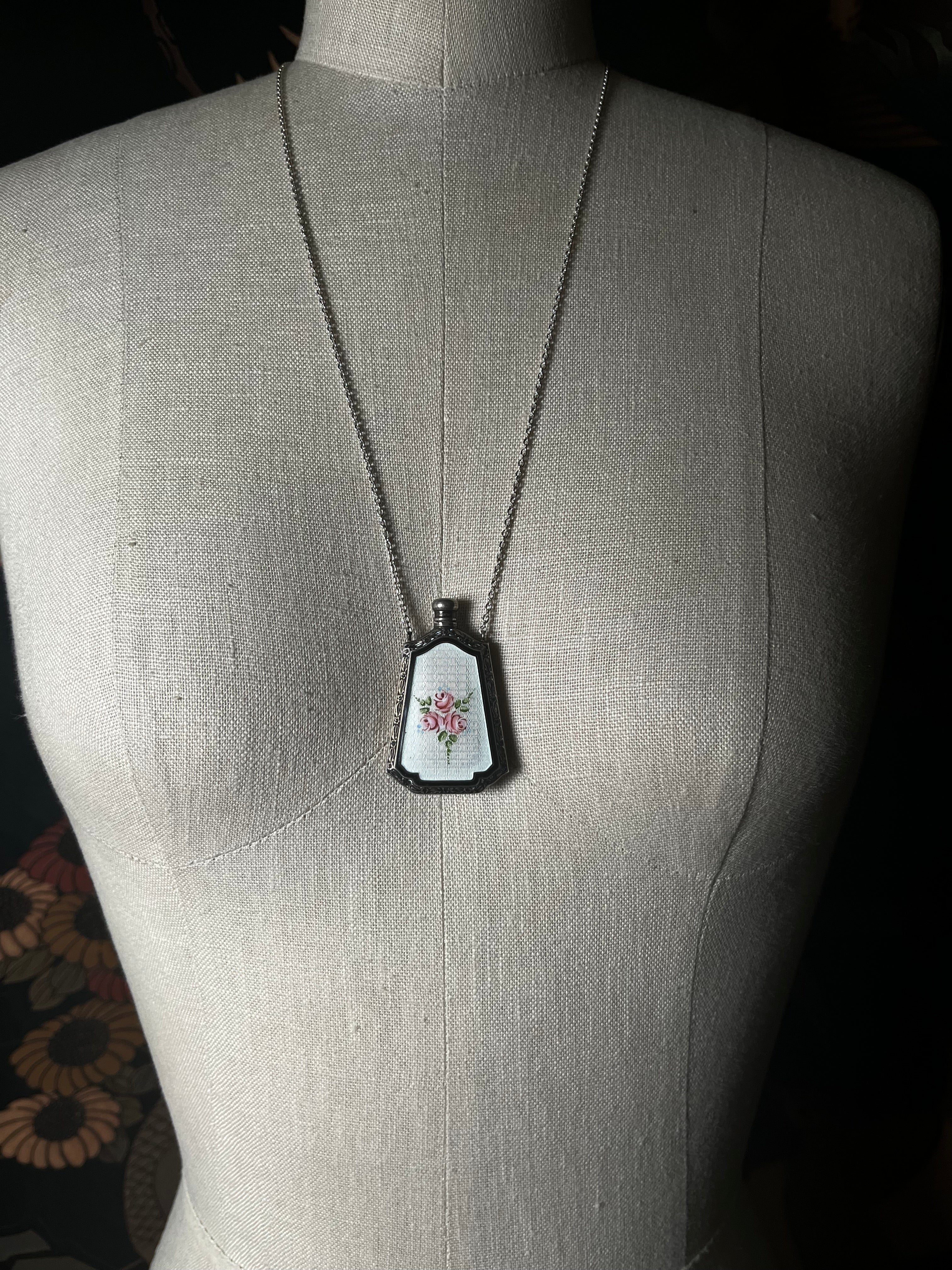 Art Deco Silver Guilloche Enamel Perfume Bottle Necklace