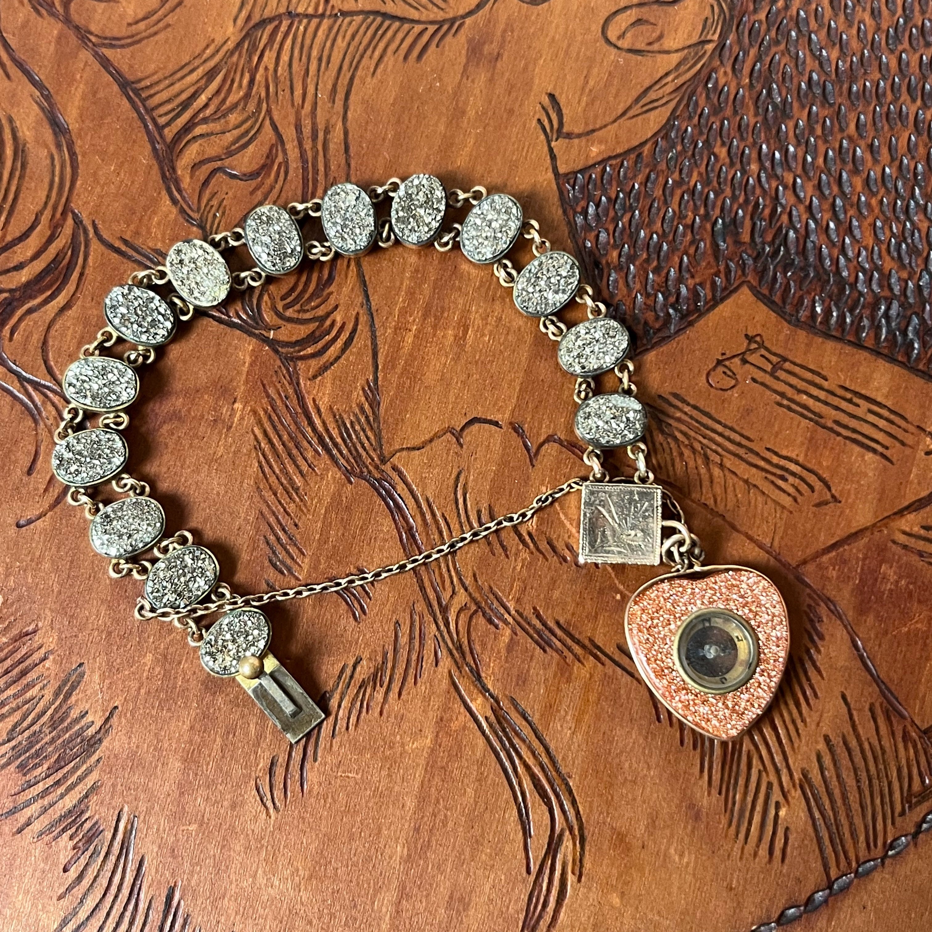 Victorian Pyrite Bracelet with Goldstone Heart Compass