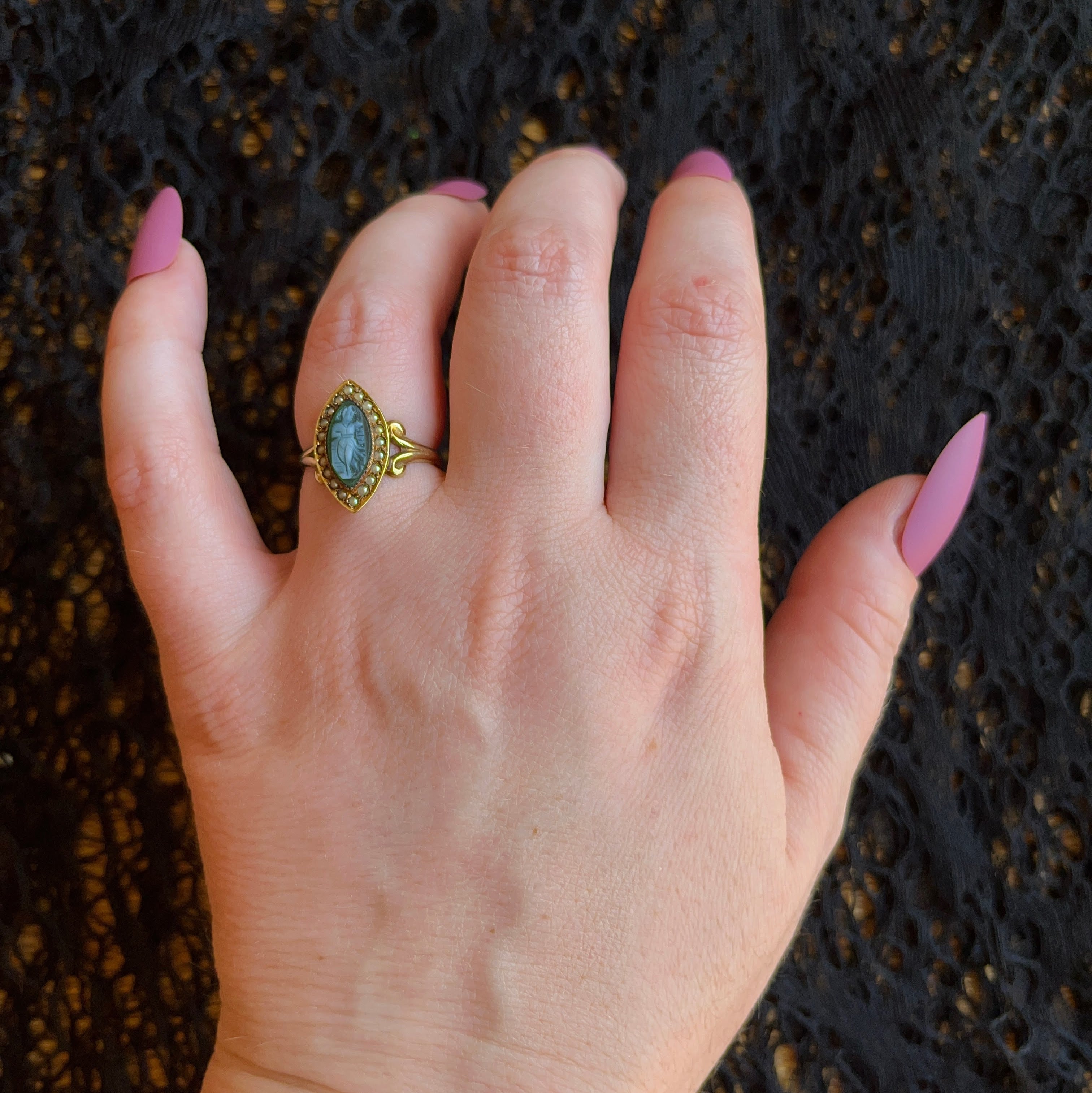 c. 1910s-1920s 14k Gold Green Agate Cameo Ring