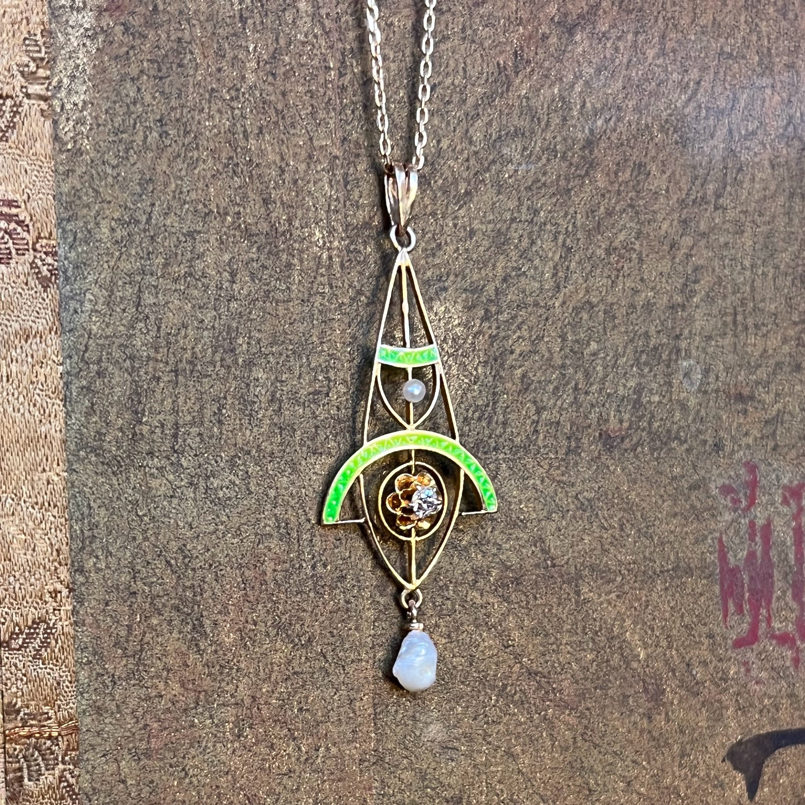 c. 1900s-1910s Plique a Jour Lavaliere Necklace