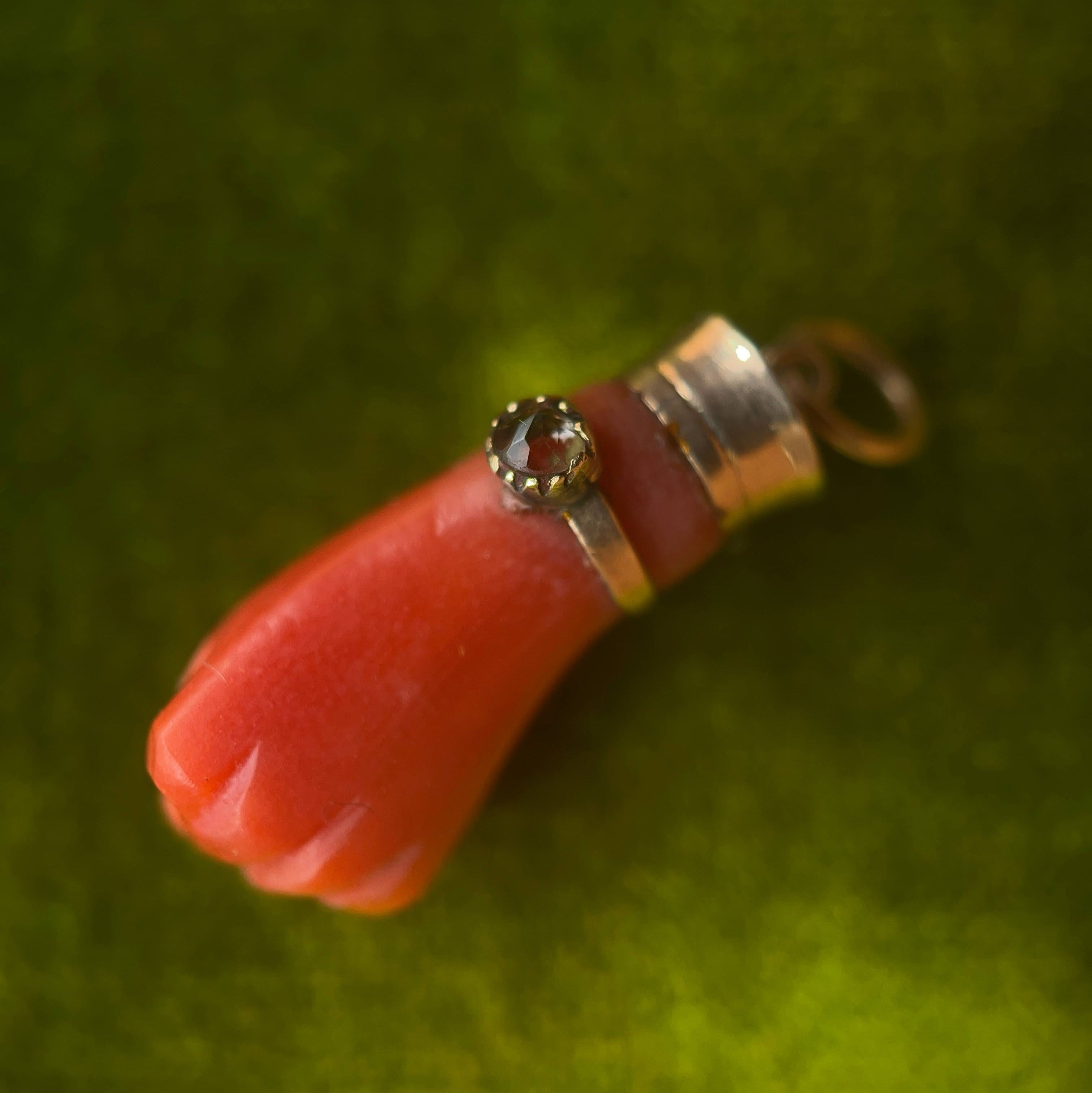 19th c. Carved Coral Fist Pendant | As Is