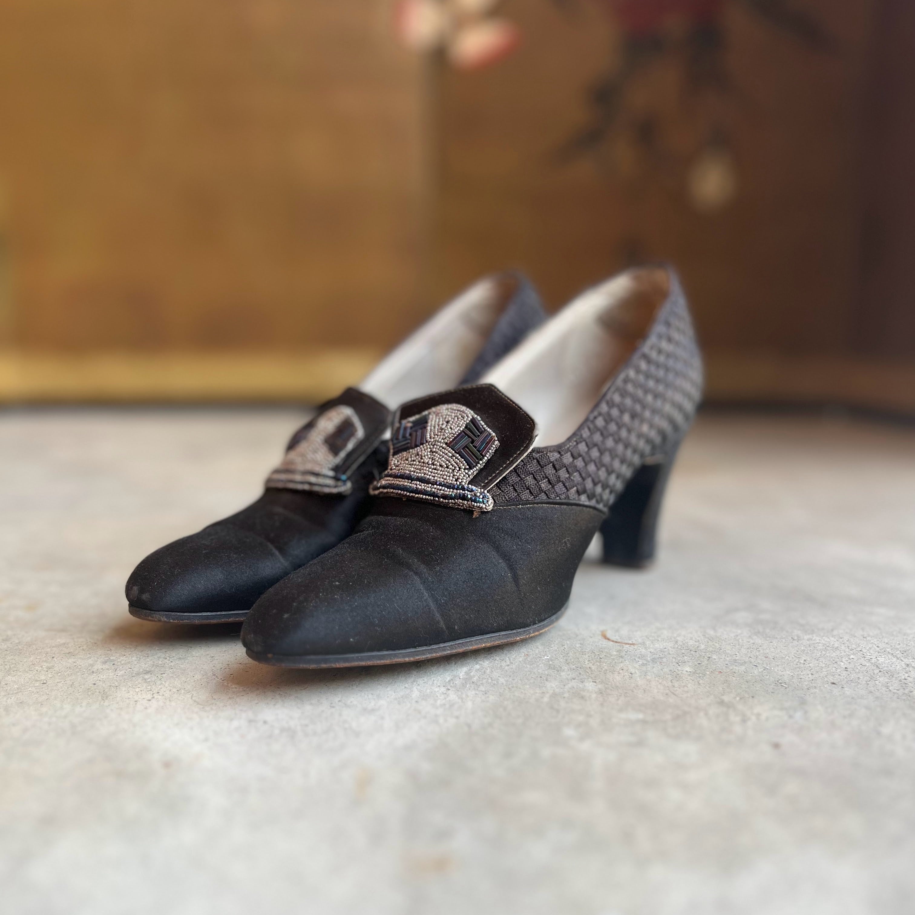 c. 1920s-1930s Black Silk Beaded Pumps | Approx Sz. 5