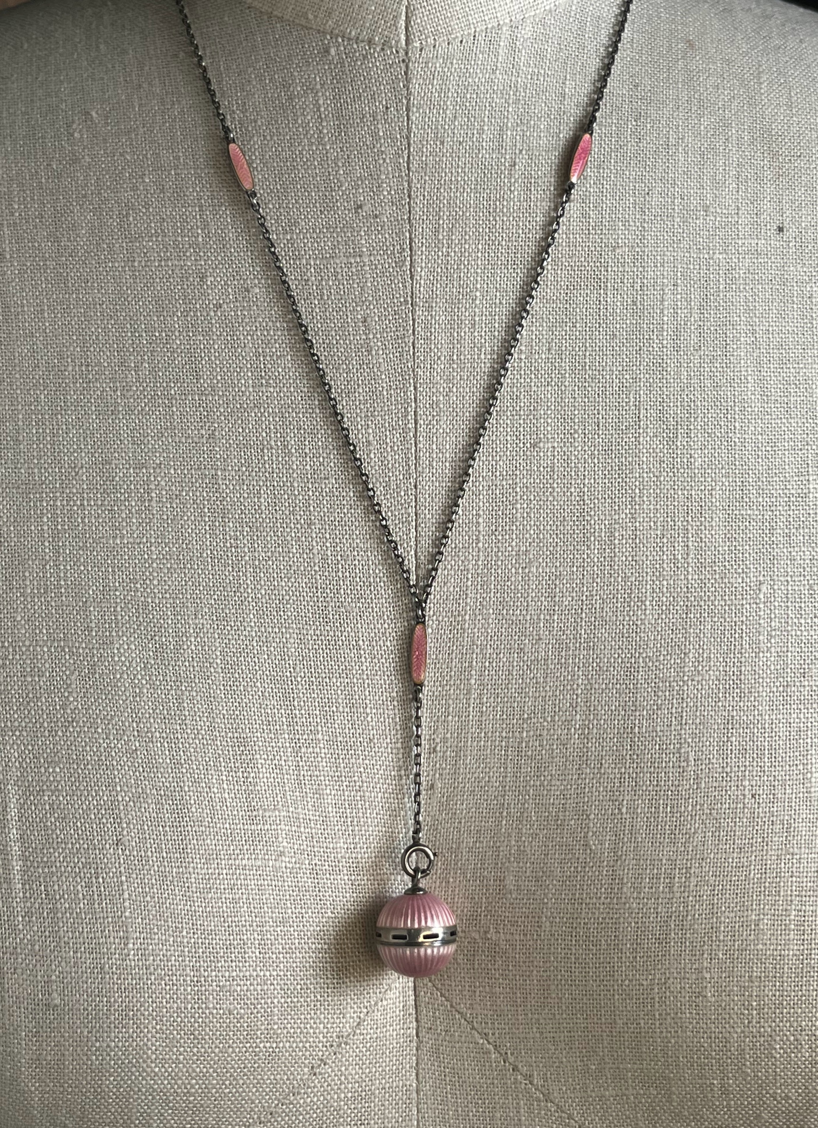 c. 1910s Pink Guilloche Enamel Vinaigrette Necklace