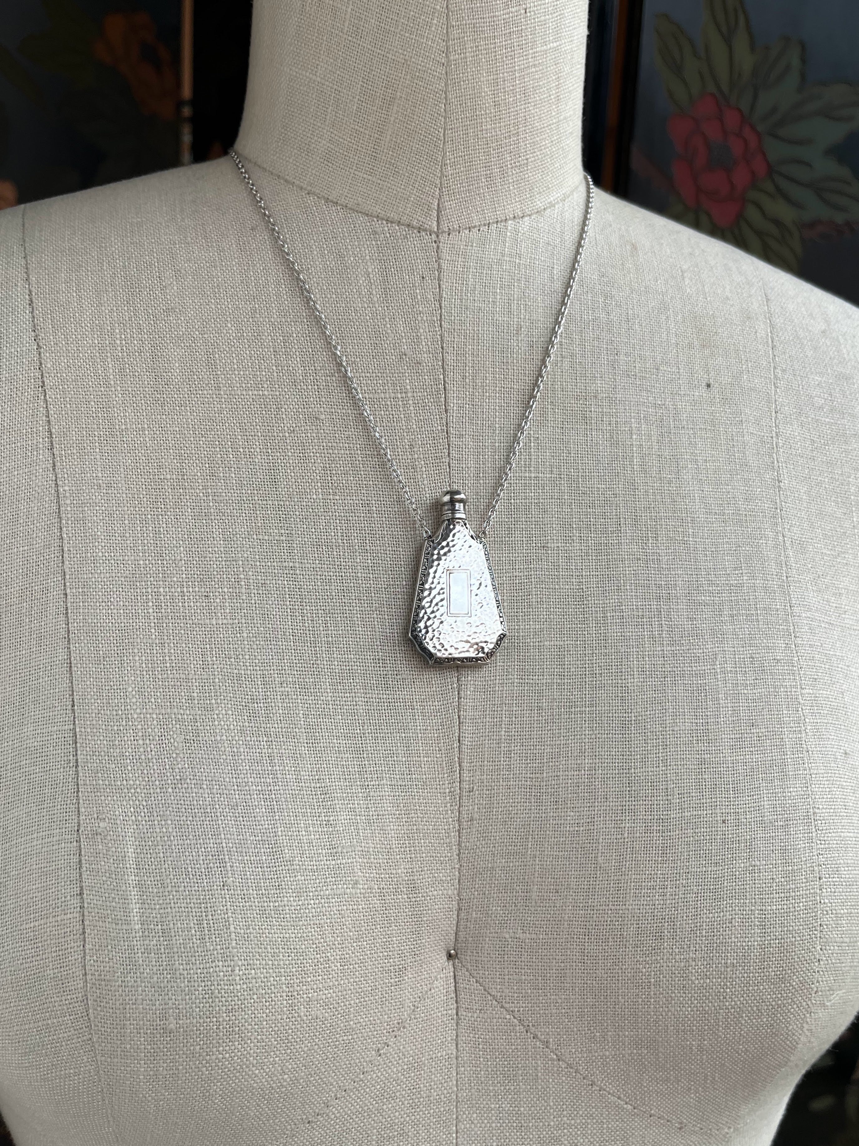 Art Deco Sterling Silver Perfume Bottle Necklace | 18" Chain