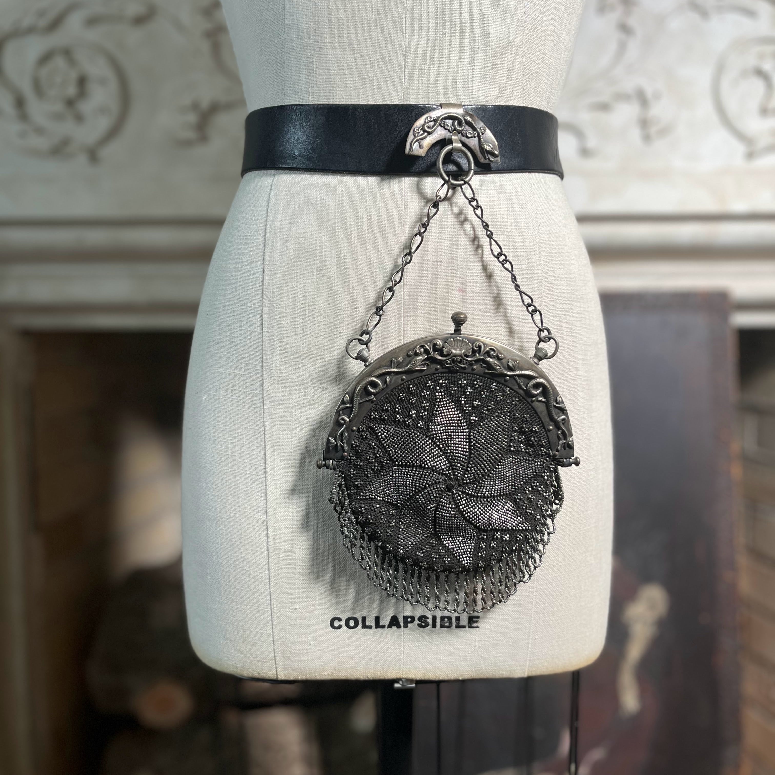 c. 1900 Cut Steel Beaded Snake Chatelaine Purse