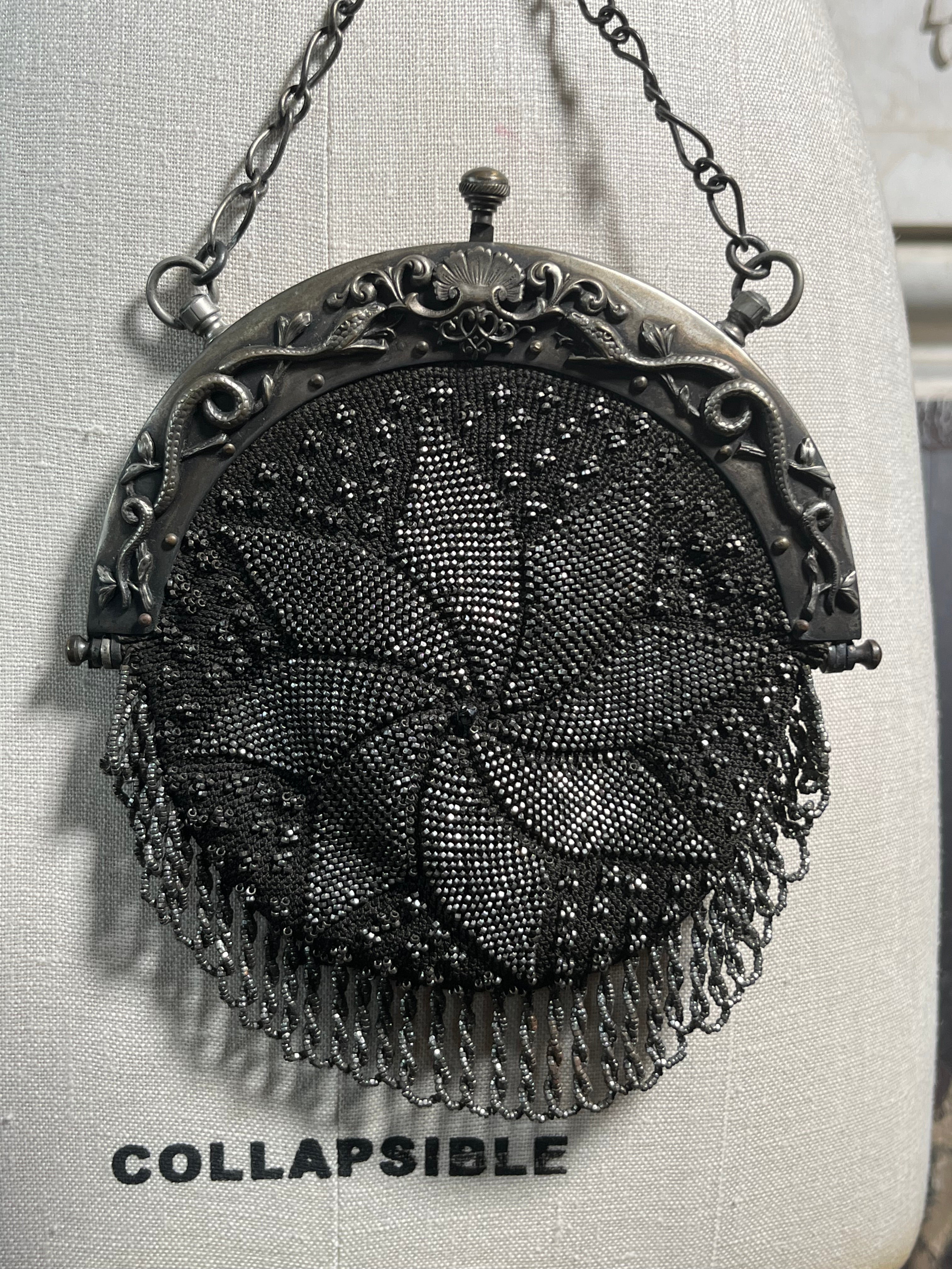 c. 1900 Cut Steel Beaded Snake Chatelaine Purse