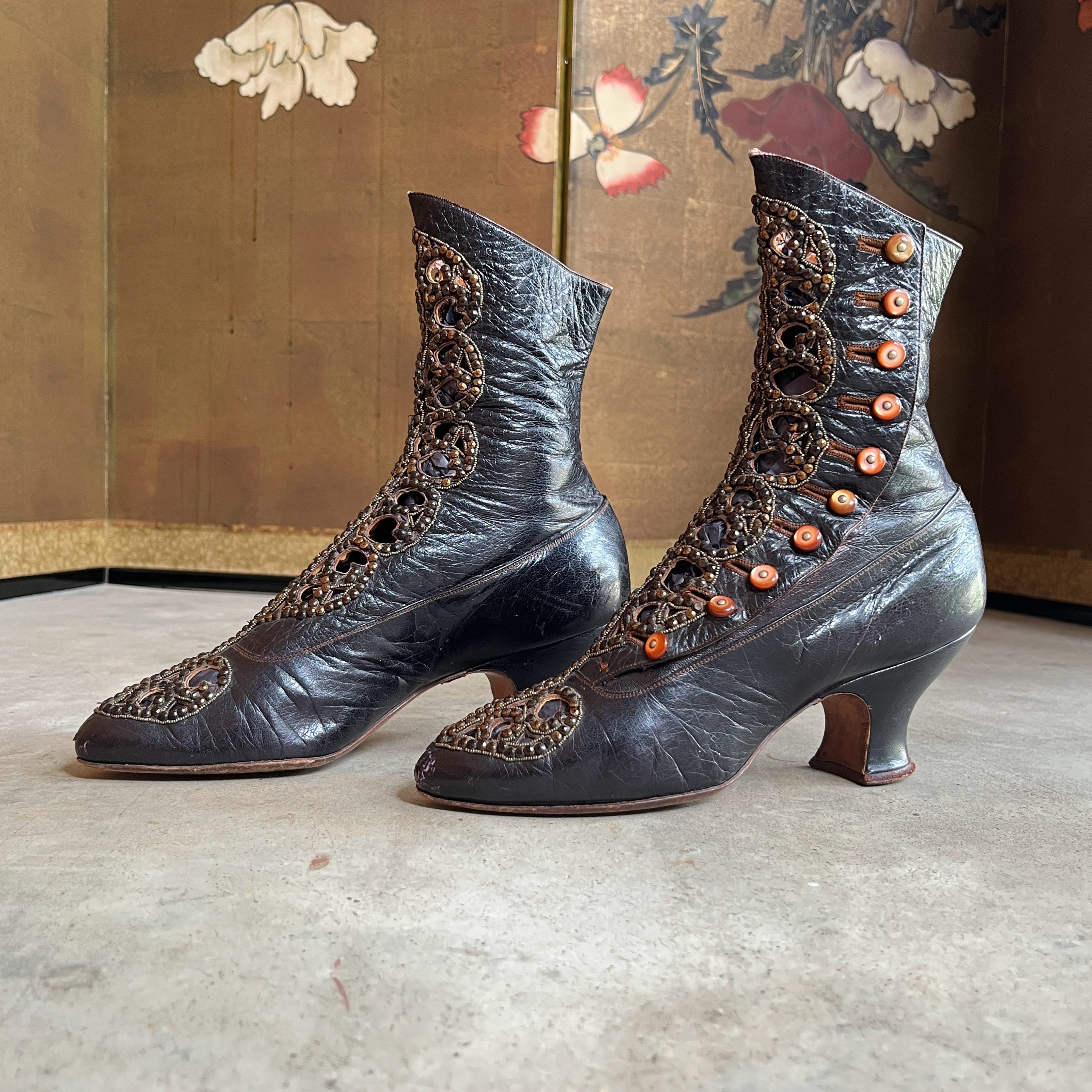 c. 1910s Studded Leather Cutout Boots