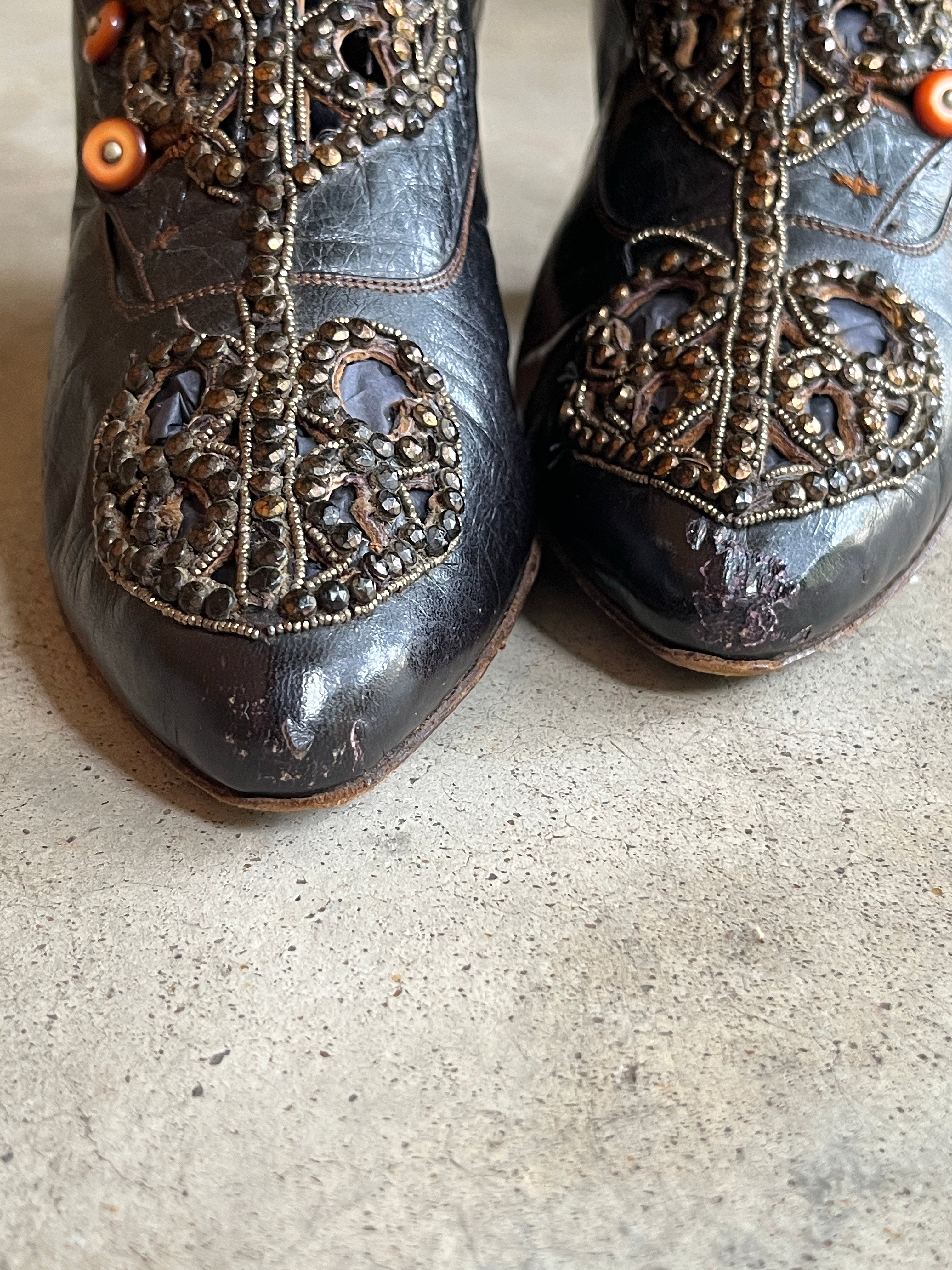 c. 1910s Studded Leather Cutout Boots