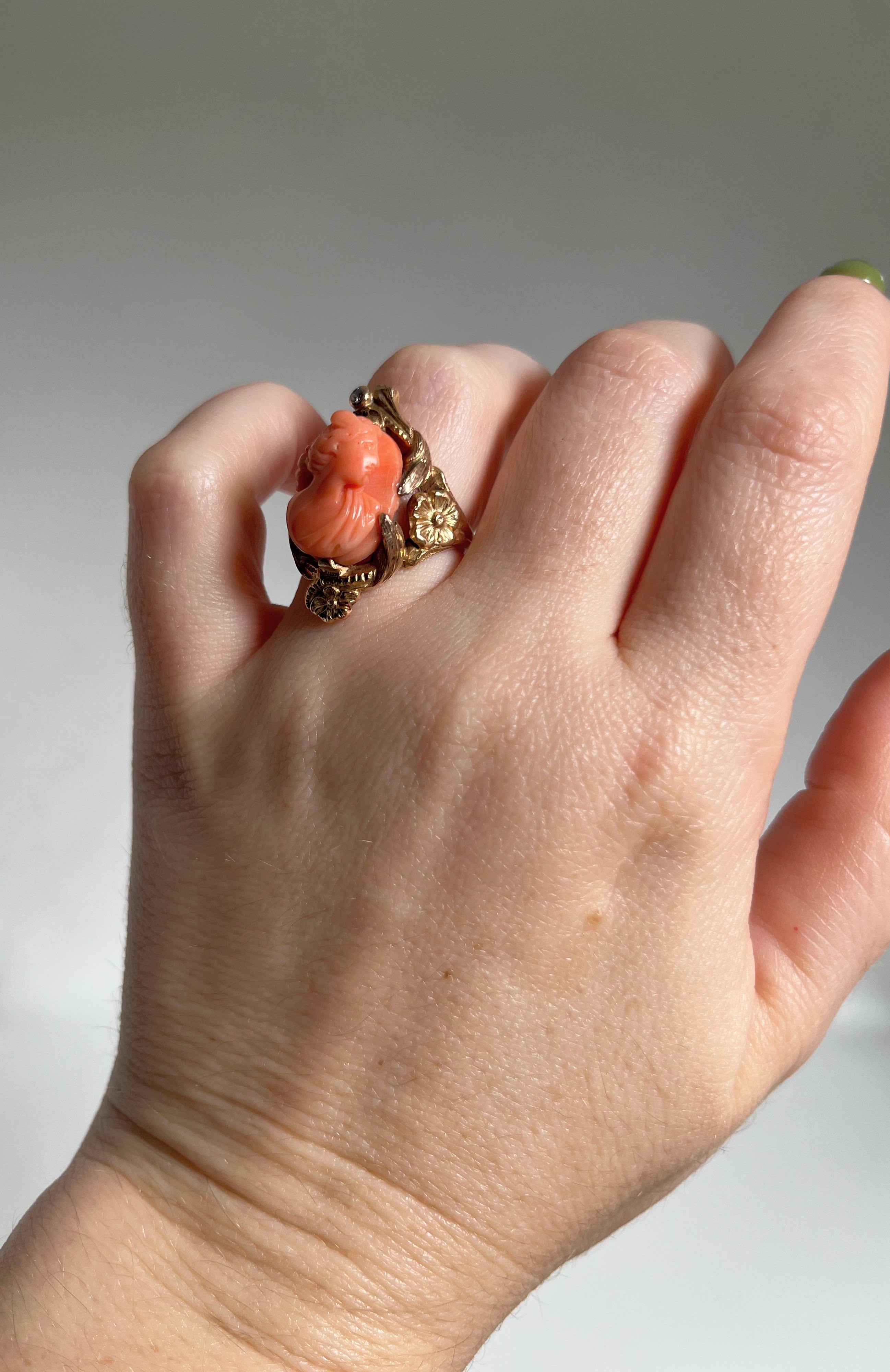 c. 1910s Coral Cameo 12k Gold Diamond Ring