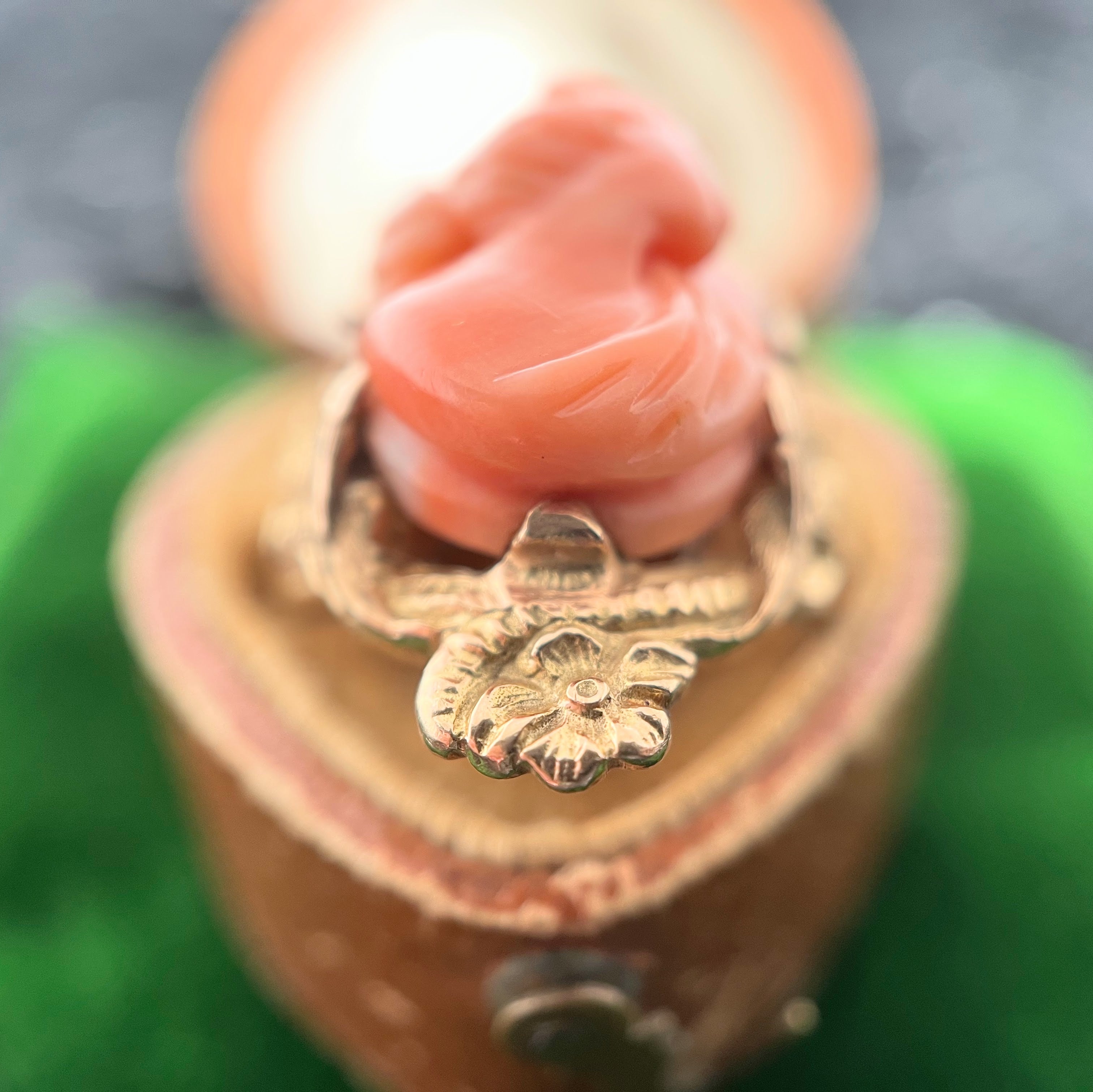 c. 1910s Coral Cameo 12k Gold Diamond Ring