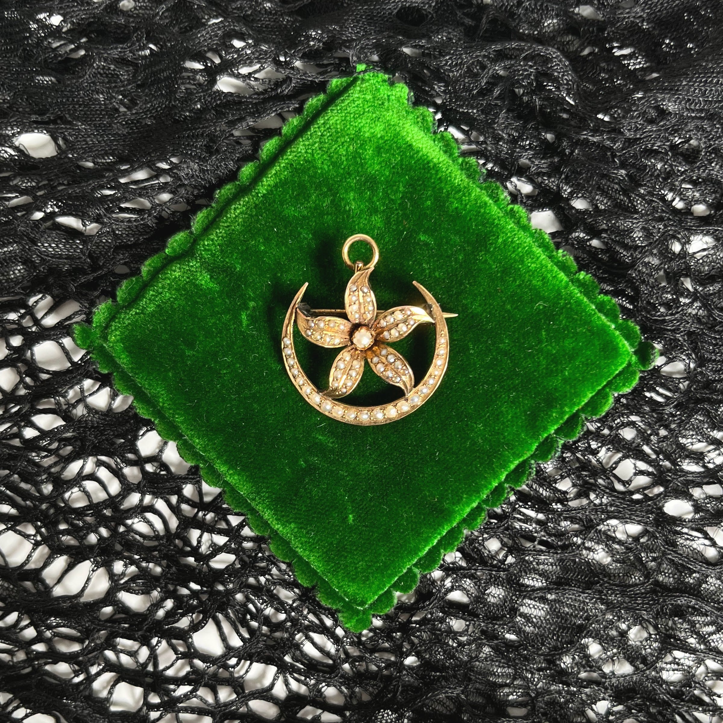 Early 20th c. 14k Gold Moon Flower Brooch + Pendant