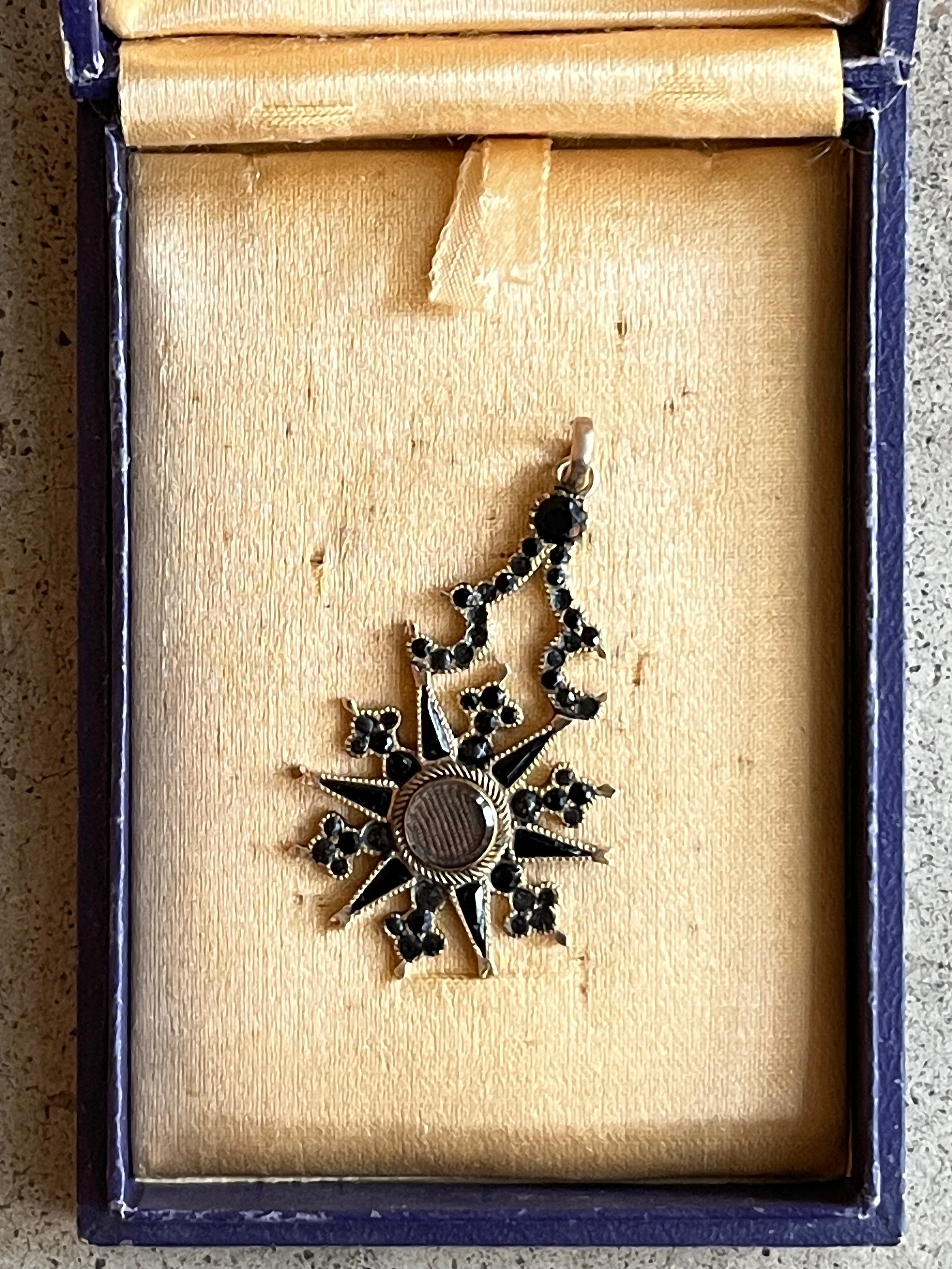 c. 1870s Crescent Moon Star 14k Gold + Onyx Hair Locket Pendant
