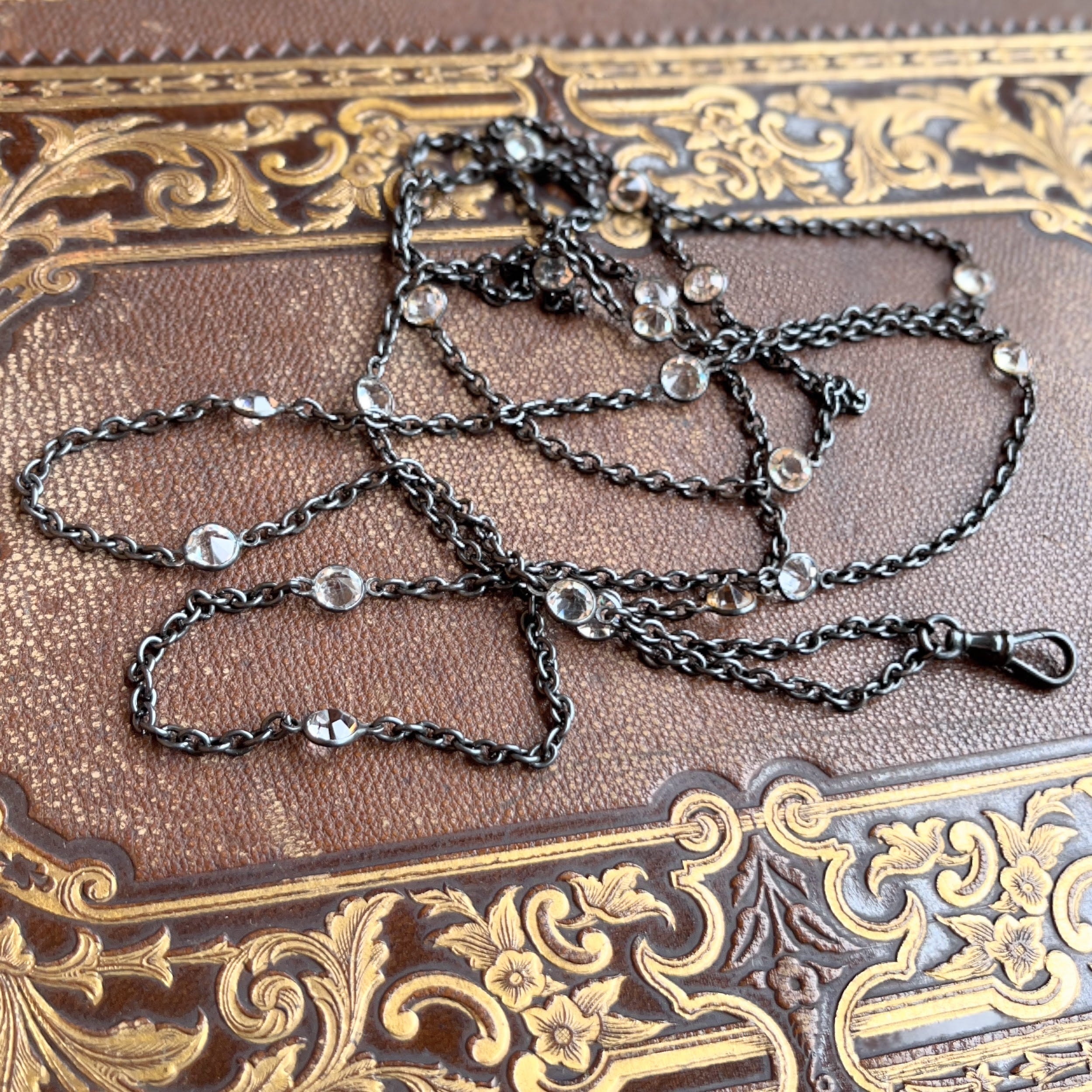 Antique Gunmetal Long Guard Chain w/ Paste Stones