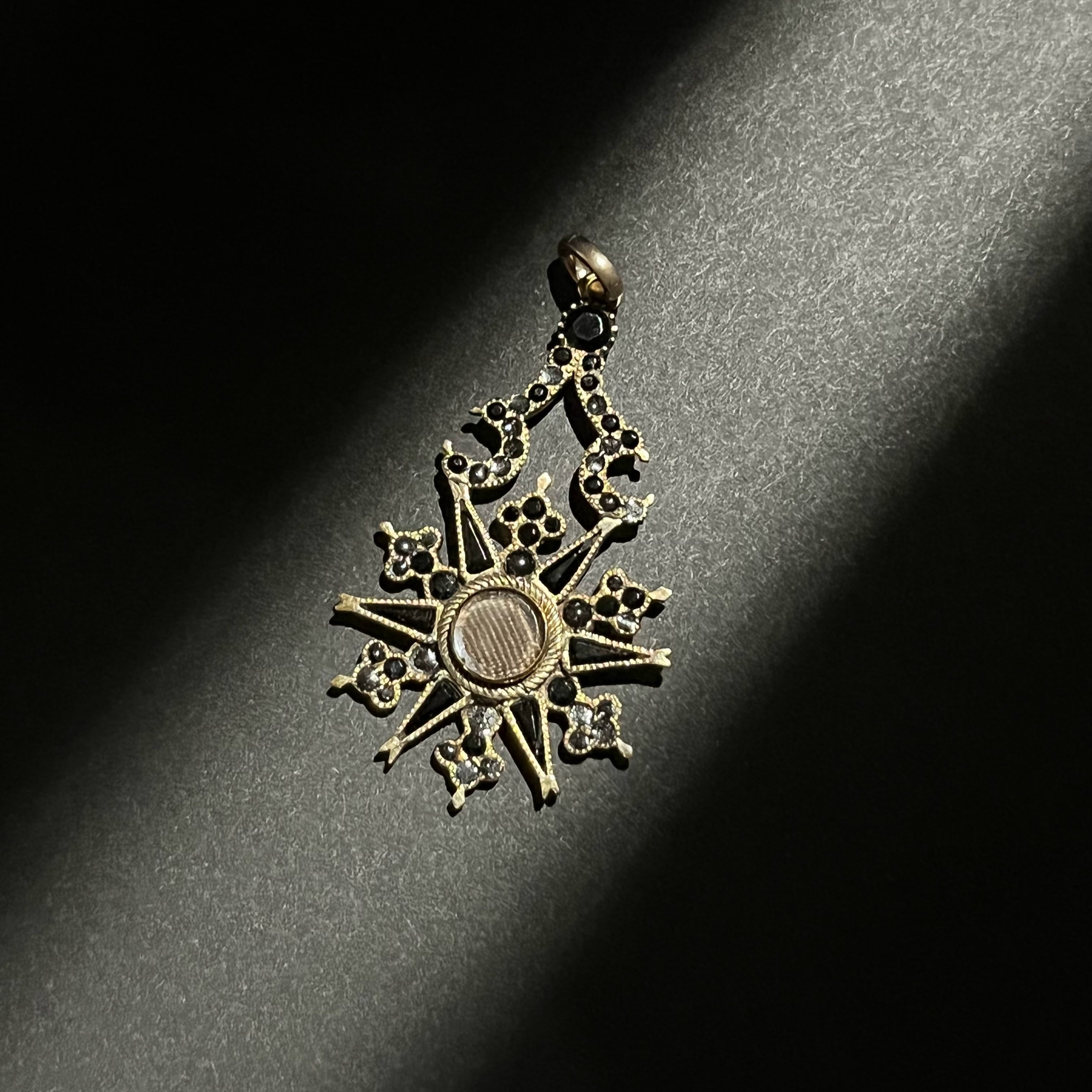 c. 1870s Crescent Moon Star 14k Gold + Onyx Hair Locket Pendant