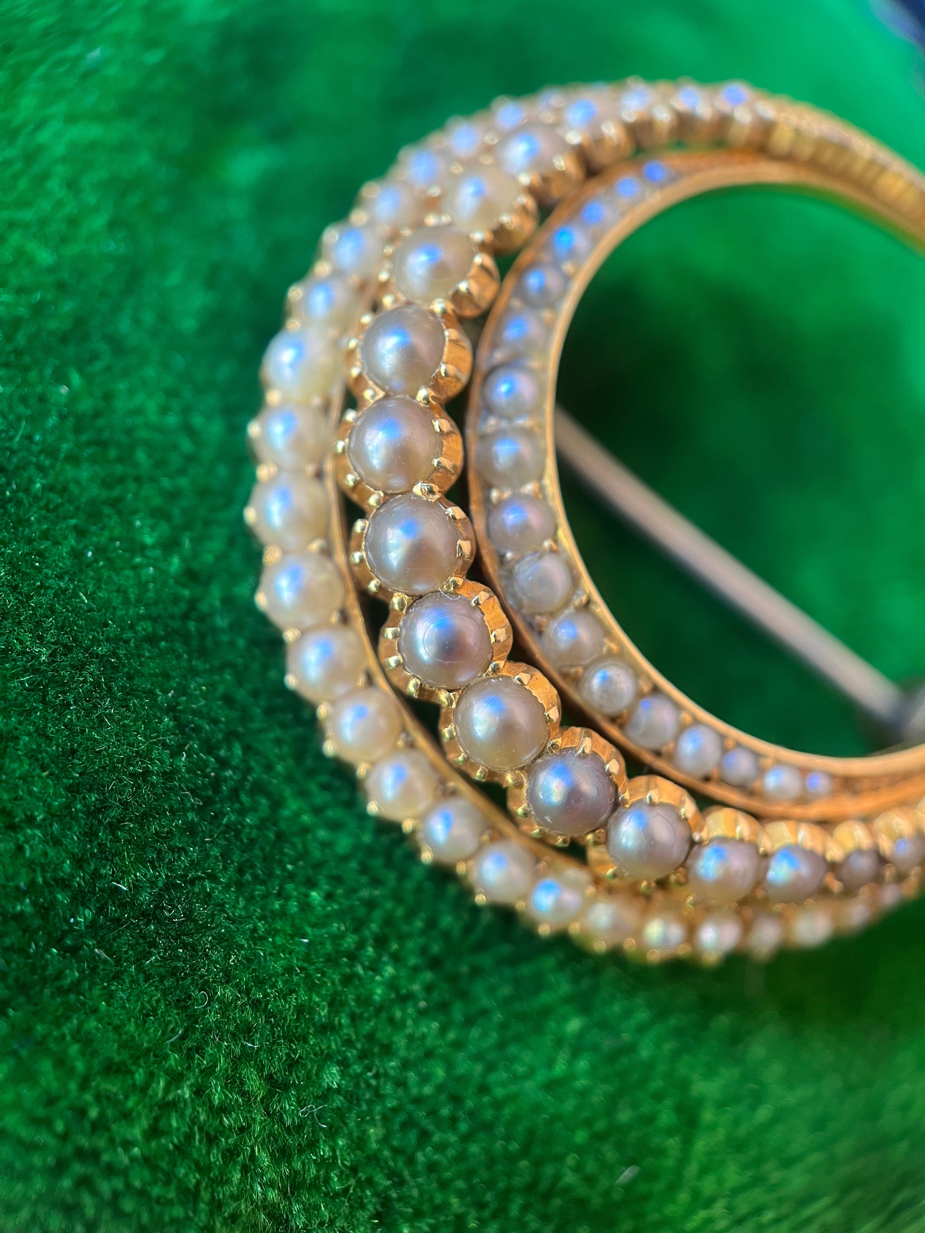 Victorian 15k Gold Pearl Crescent Moon Brooch