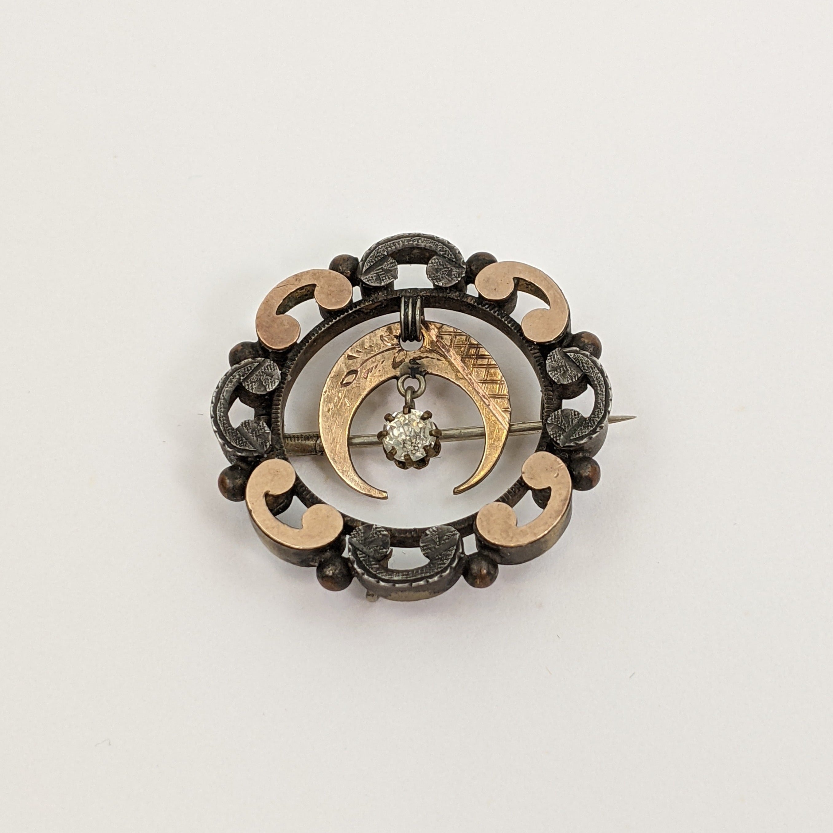 1890s Crescent Moon Brooch | Gold + Silver