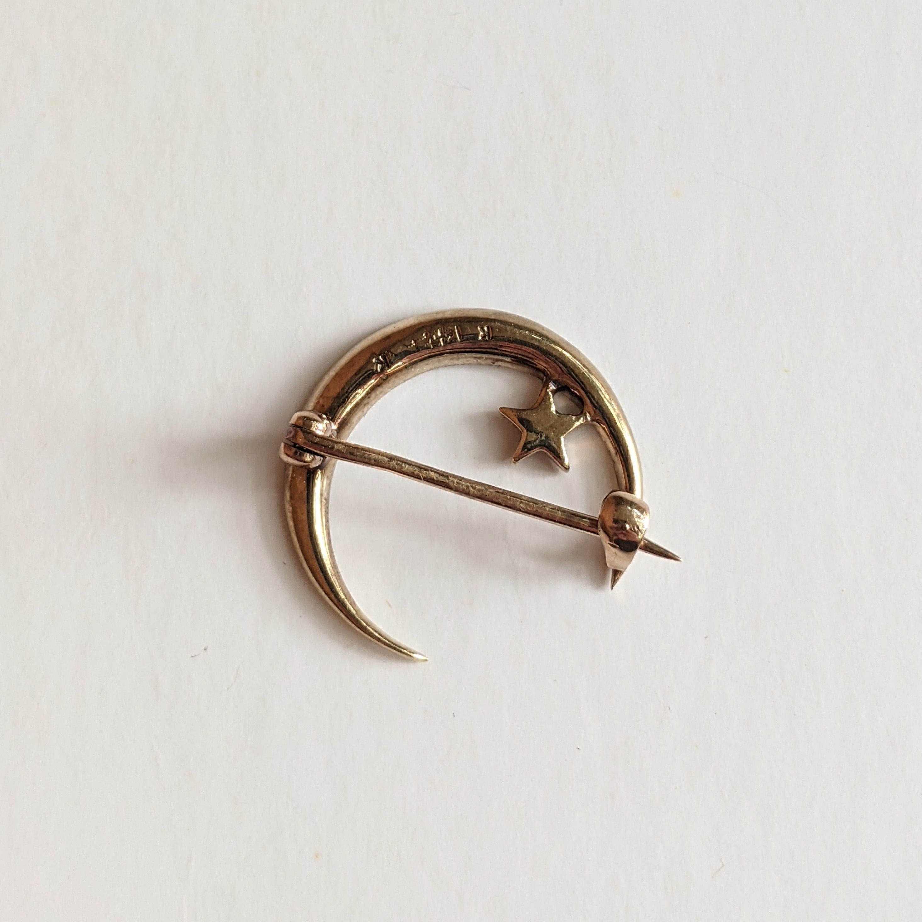 1910s 14k Gold Crescent Moon + Star Brooch