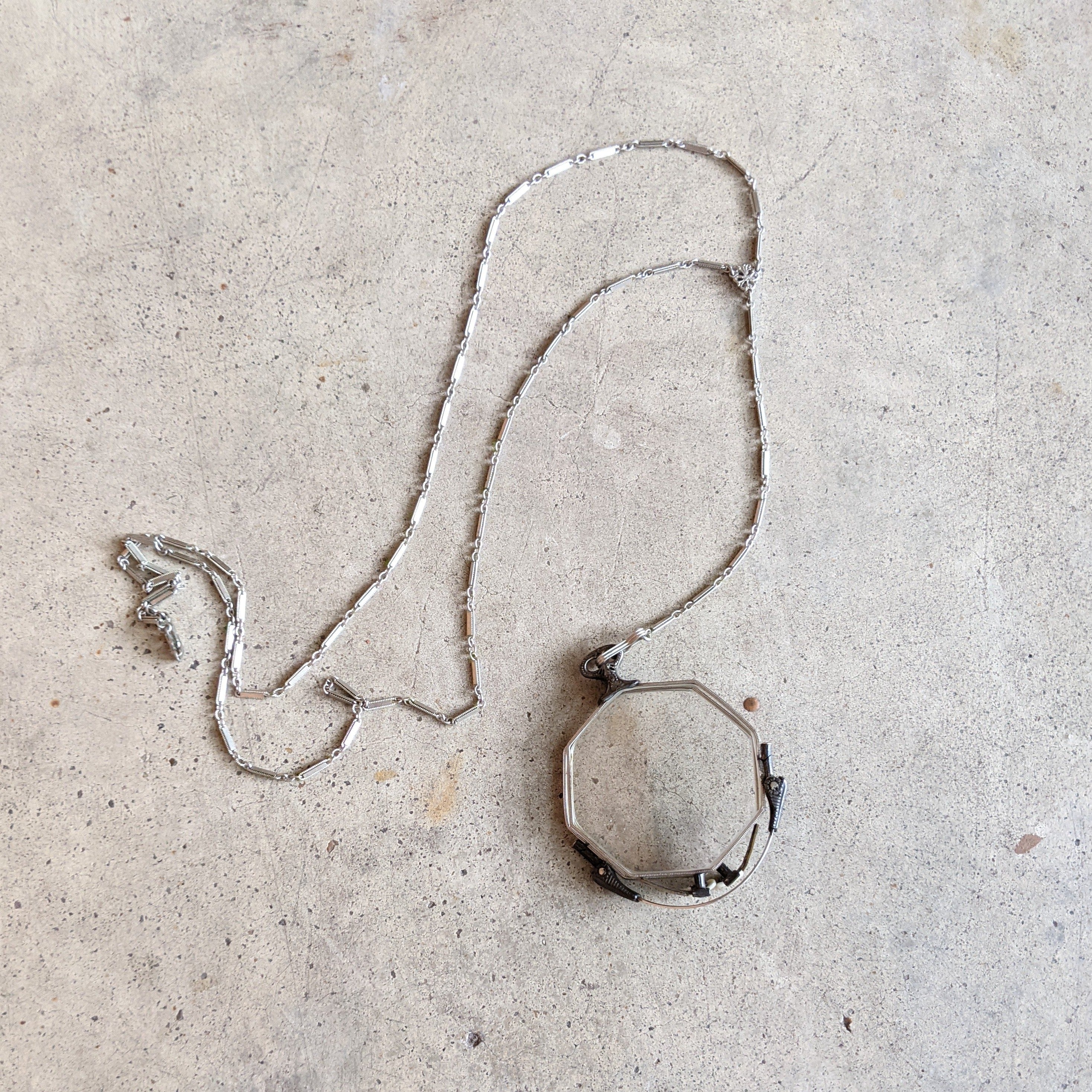 1920s White Gold Filled Lorgnette + Long Chain