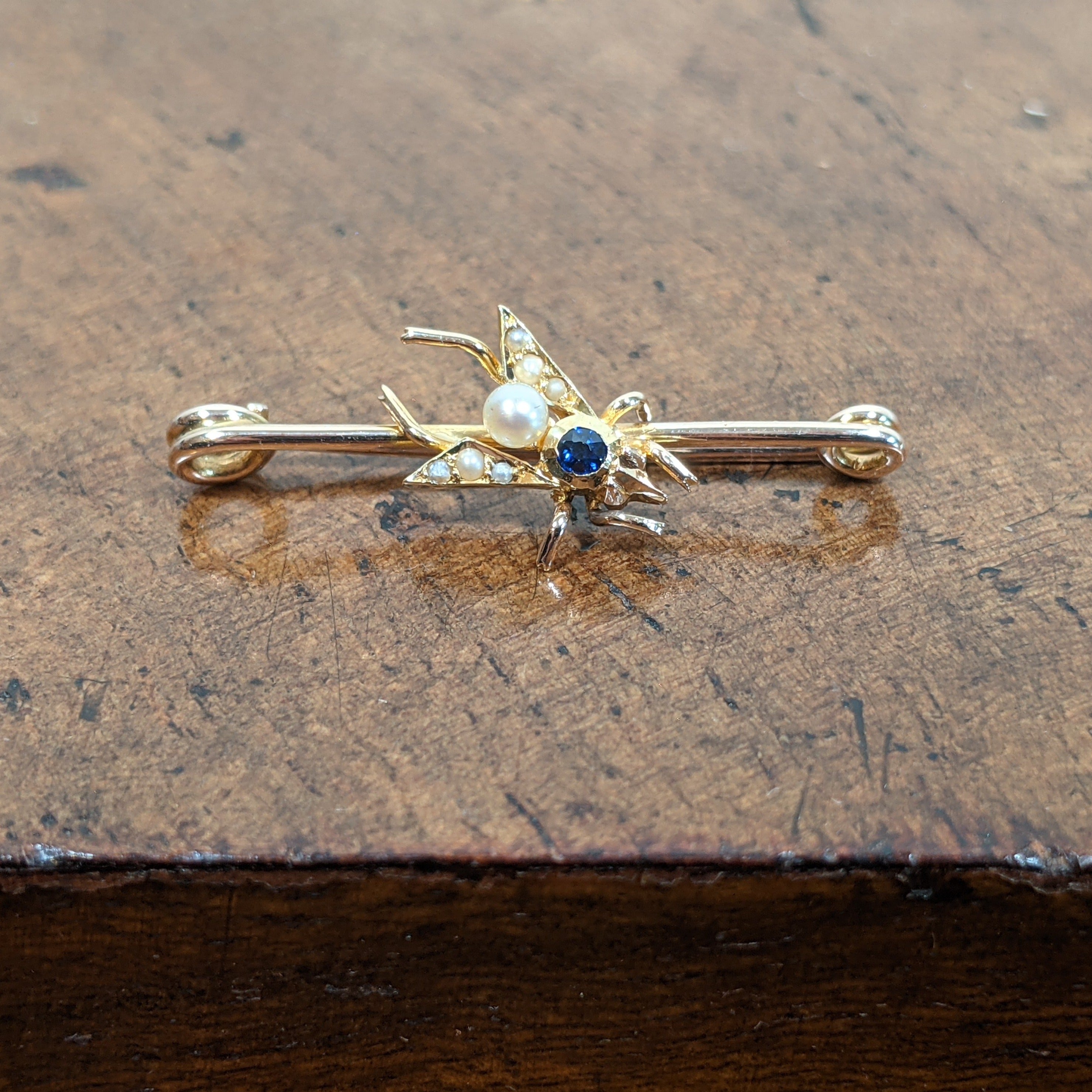 1900s 14k Sapphire + Pearl Fly Pin