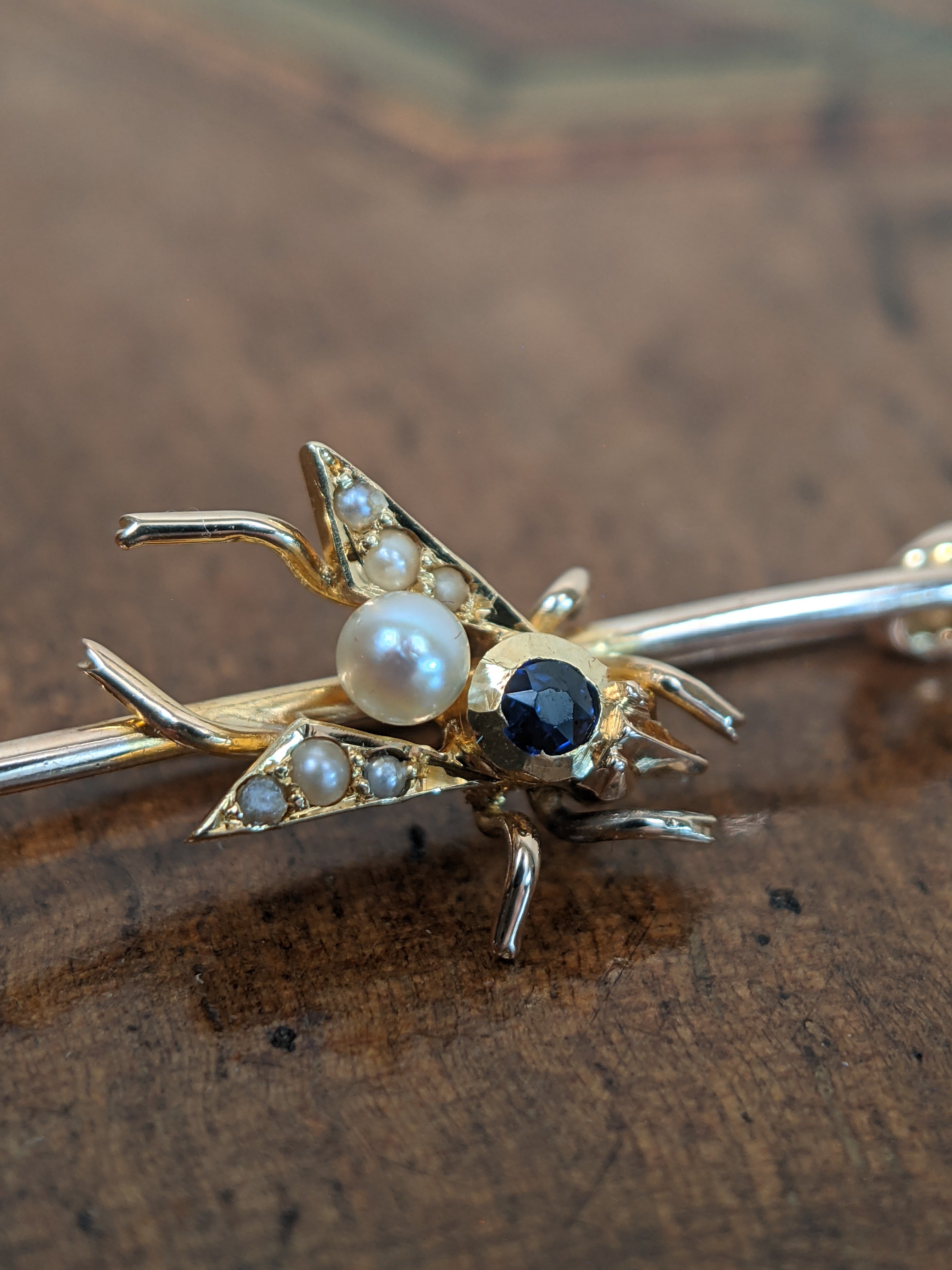 1900s 14k Sapphire + Pearl Fly Pin