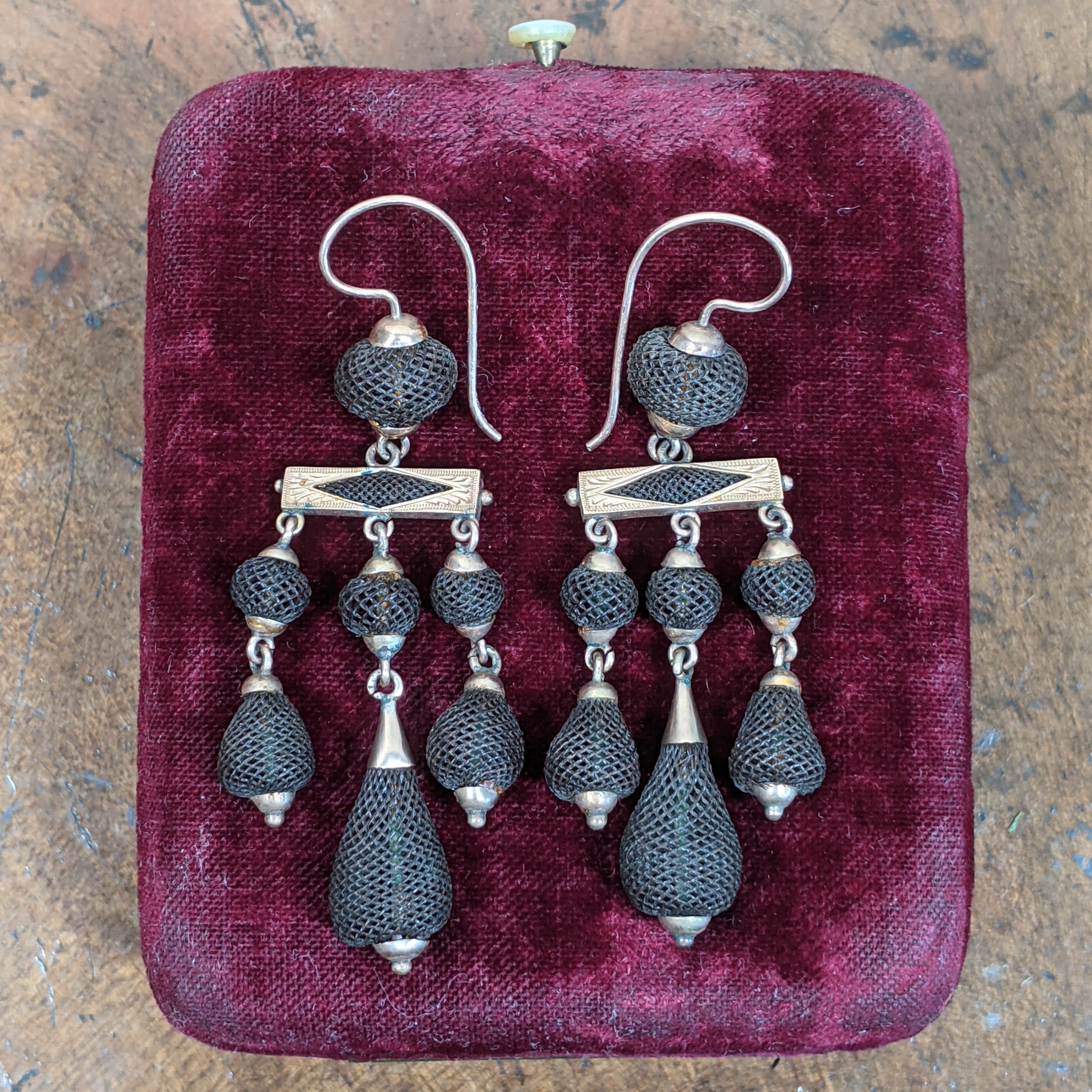 1870s 14k Gold Hairwork Earrings