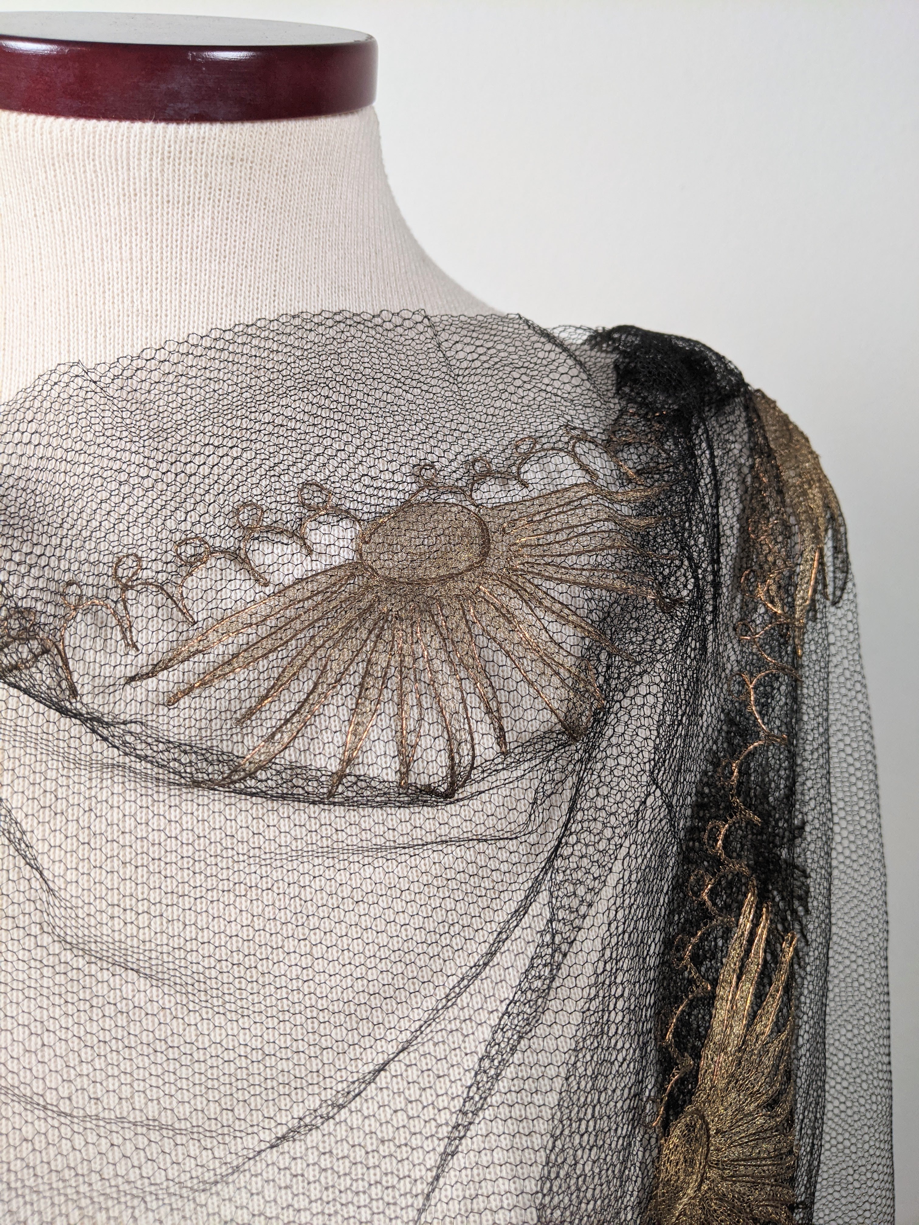 1920s Black + Gold Metallic Embroidered Sun Shawl