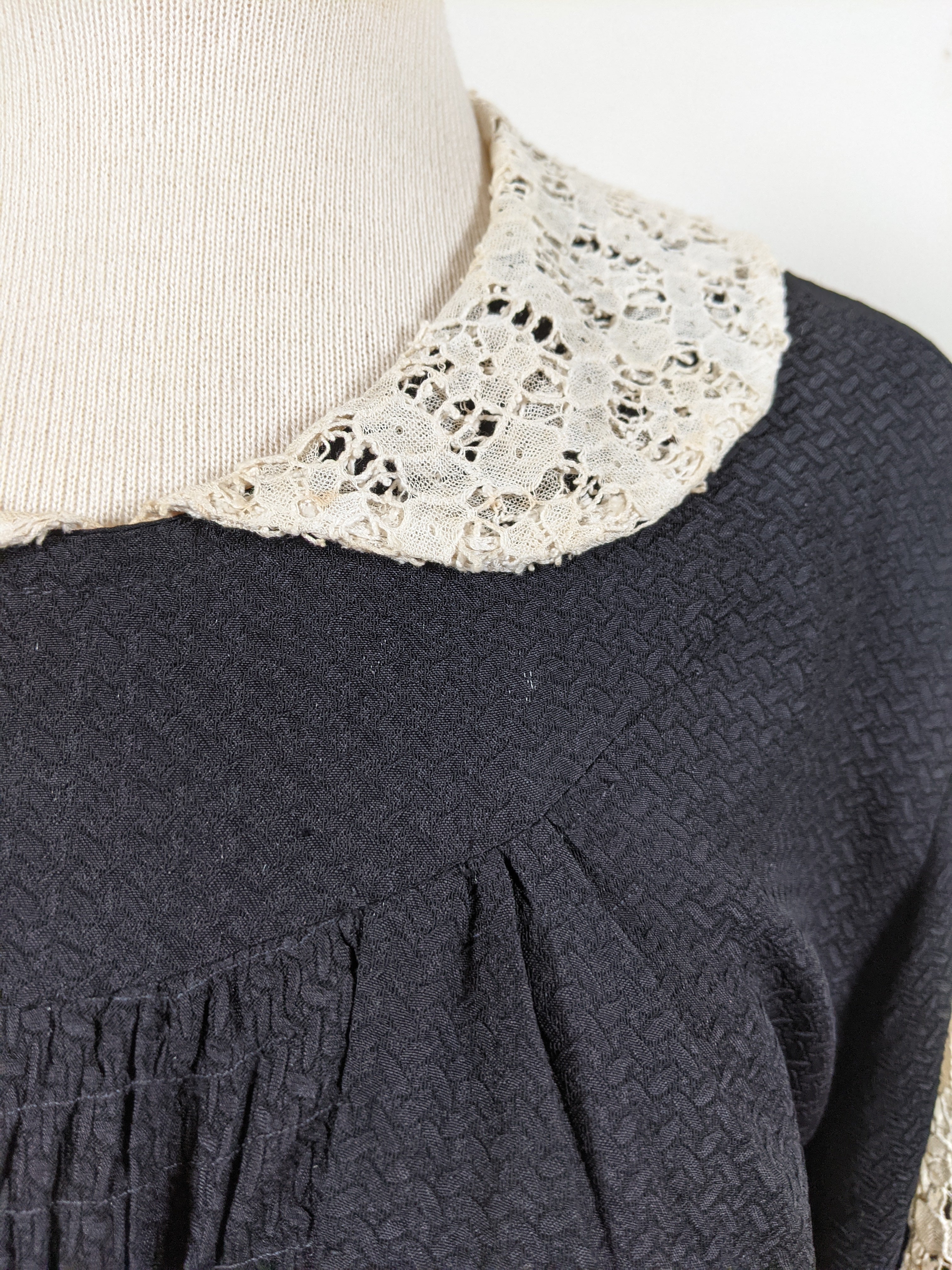 1930s Black Rayon + Lace Dress