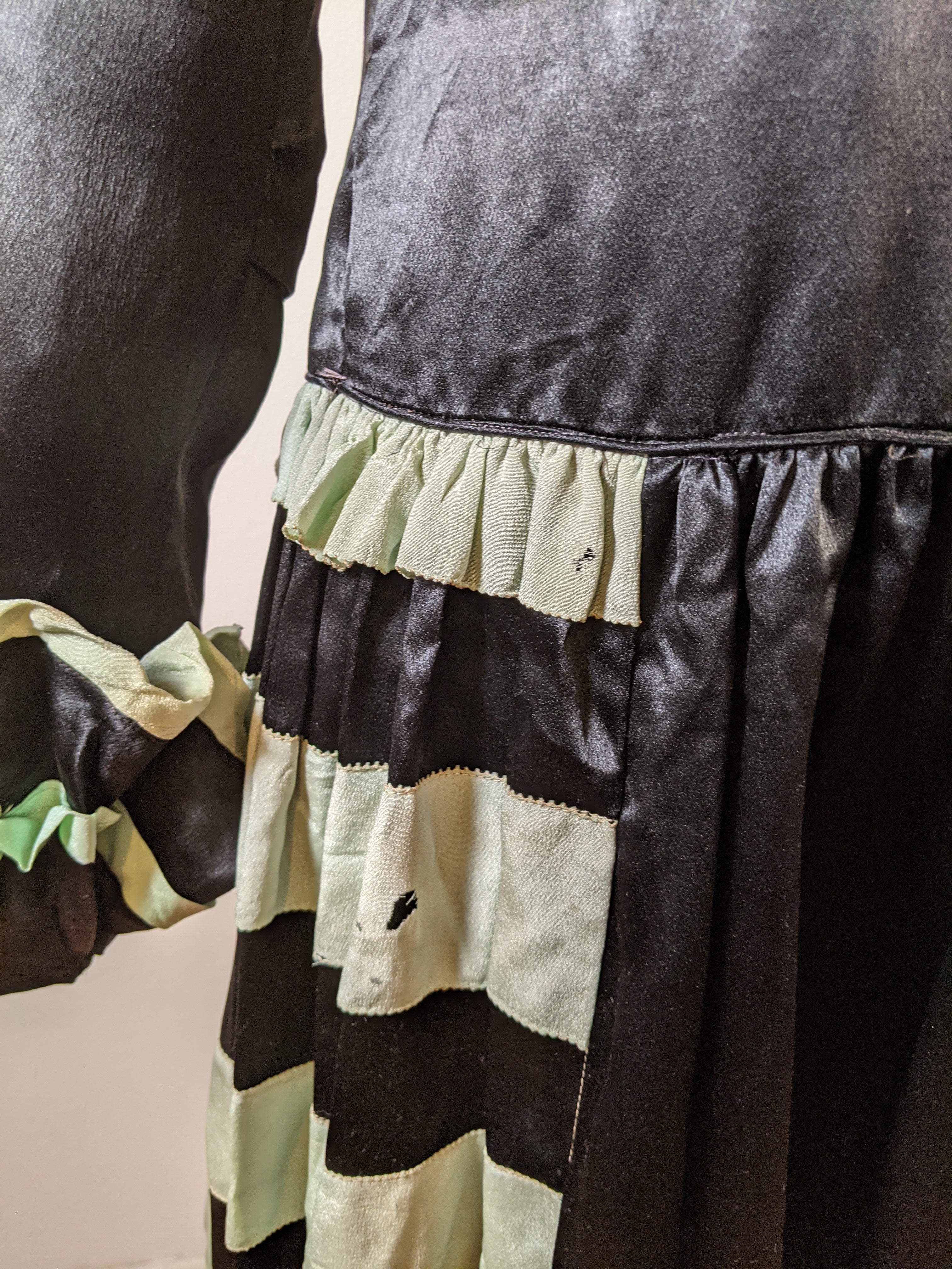 1920s Black + Green Striped Silk Dress
