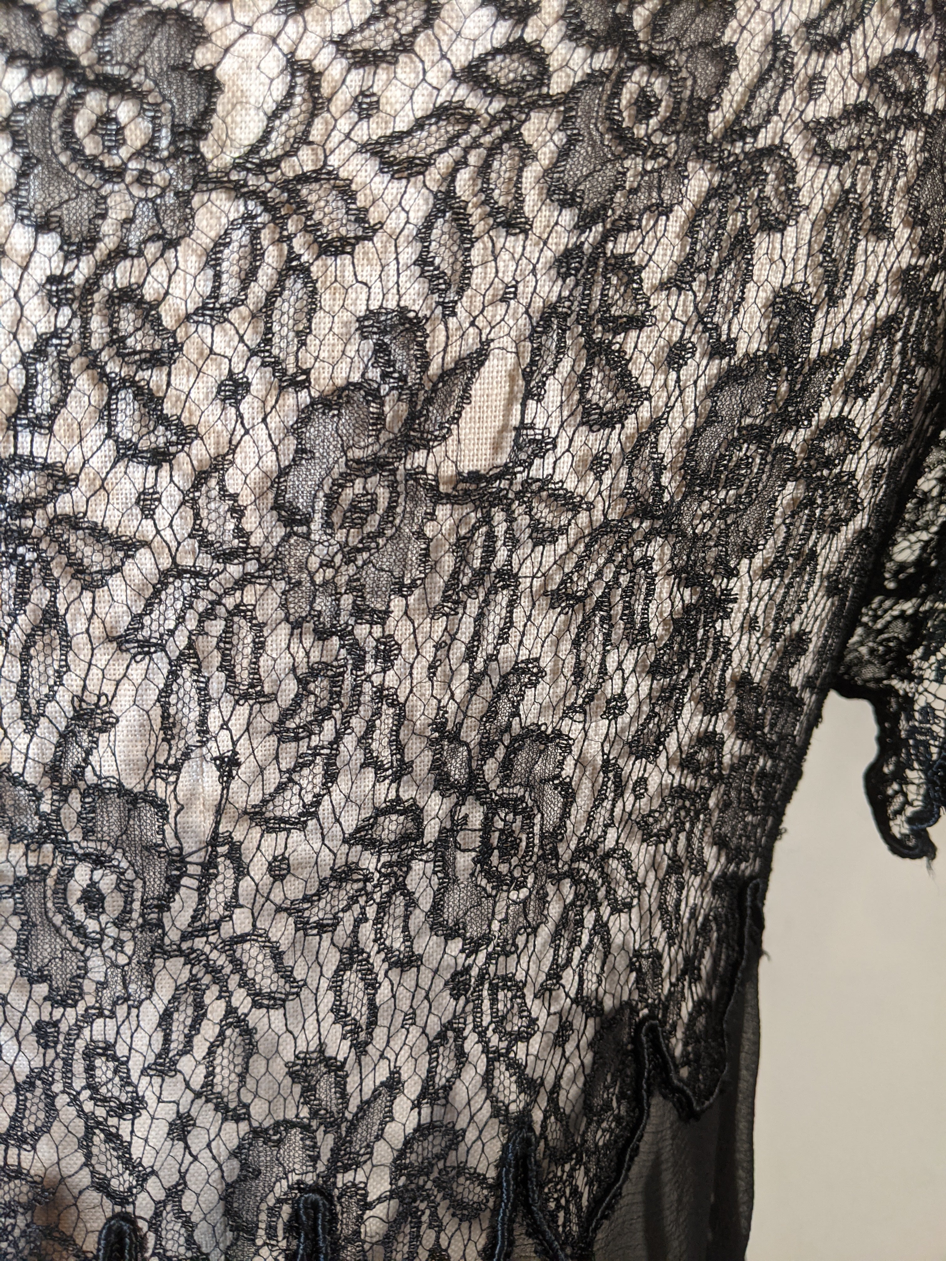 1920s Black Silk Chiffon + Lace Dress