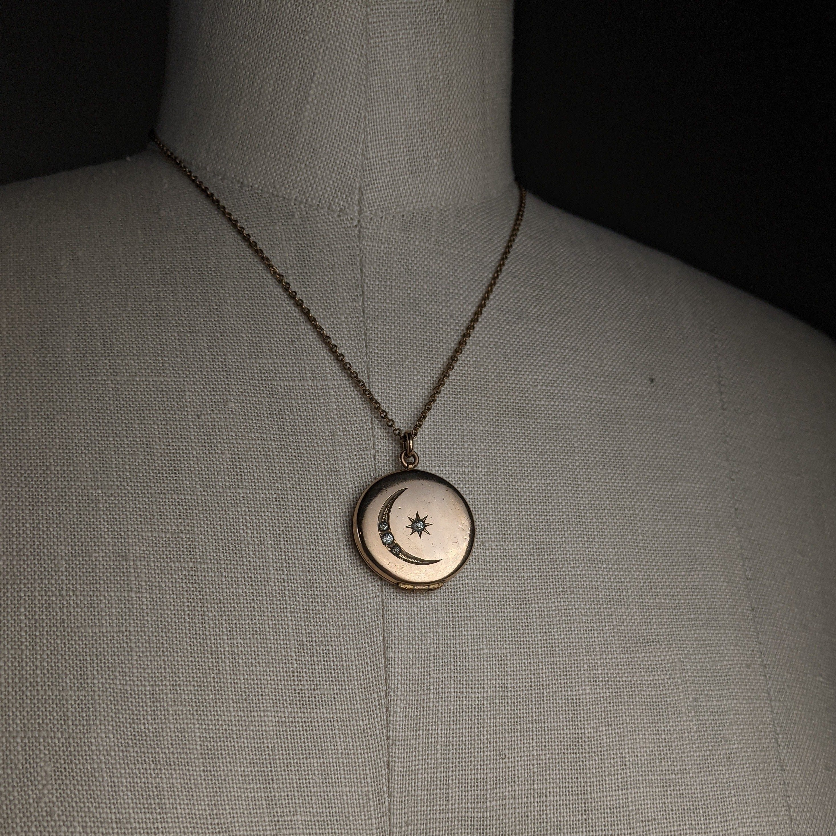 c. 1910s Moon + Star Locket and Rolo Chain